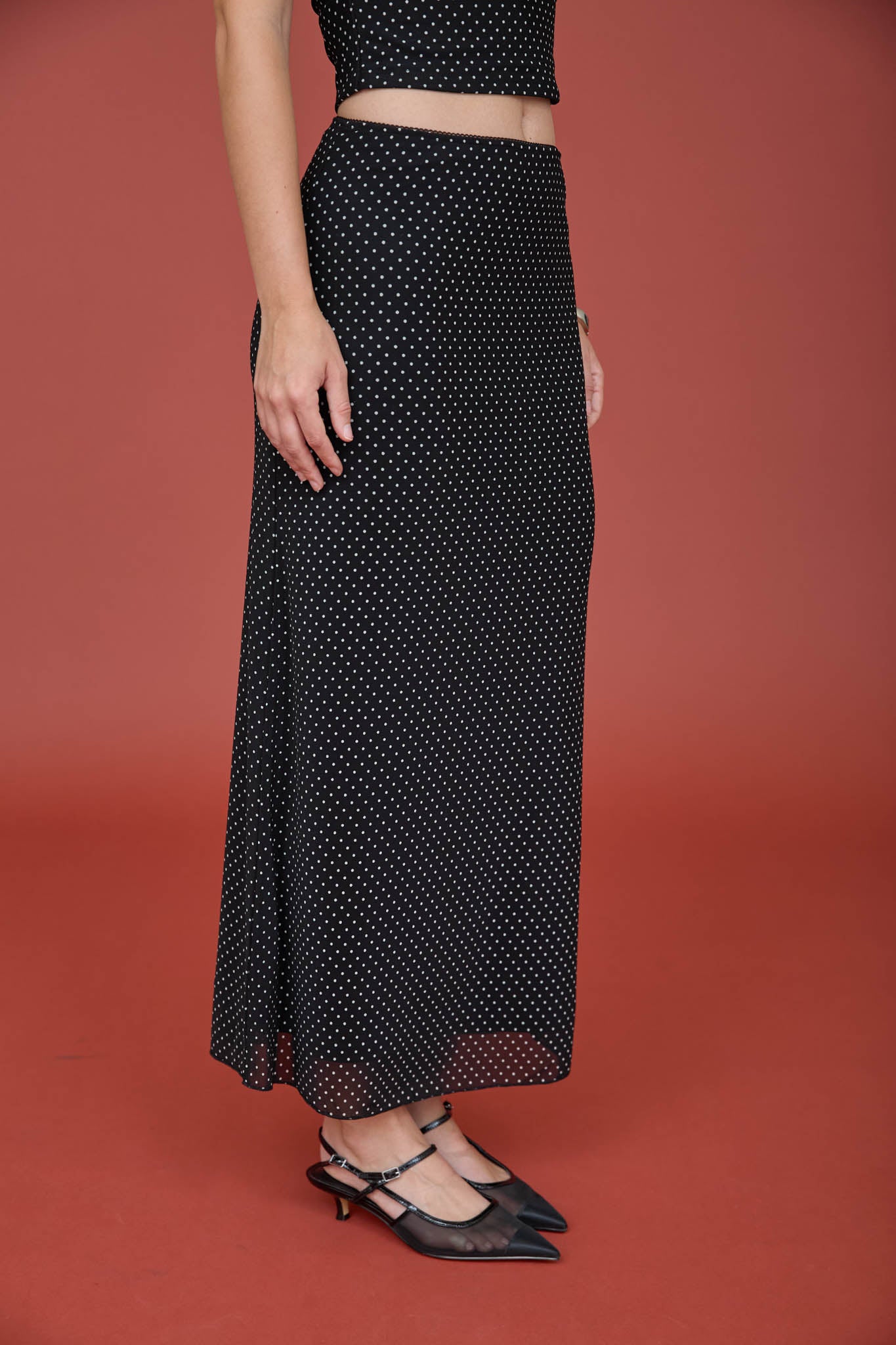 POLKA DOT MESH PENCIL MIDI SKIRT (PRE-ORDER)