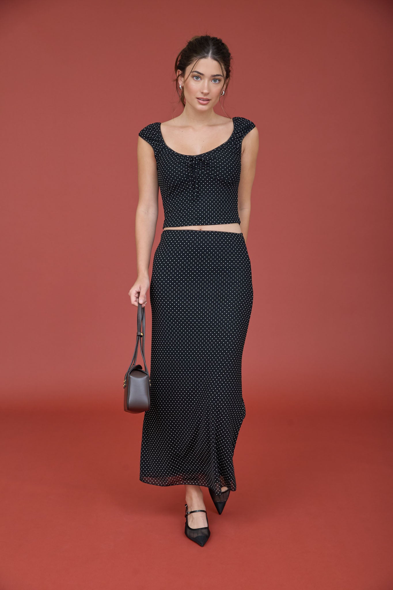 POLKA DOT FRONT TIE AND RUCHING DETAIL KNIT TOP (PRE-ORDER)