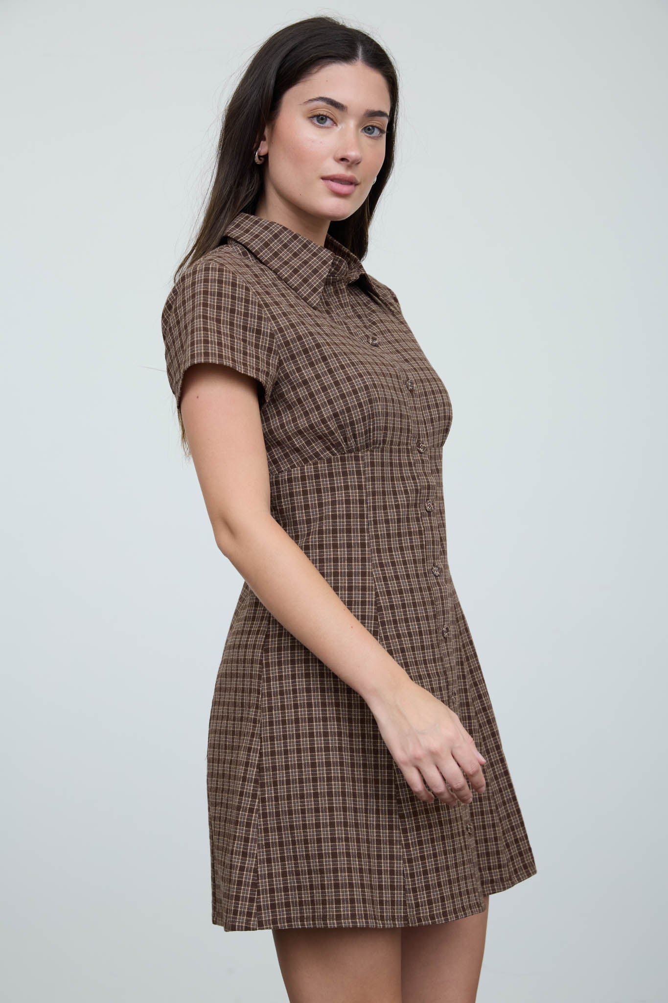 SHIRT COLLAR BUTTON-FRONT PLAID MINI DRESS