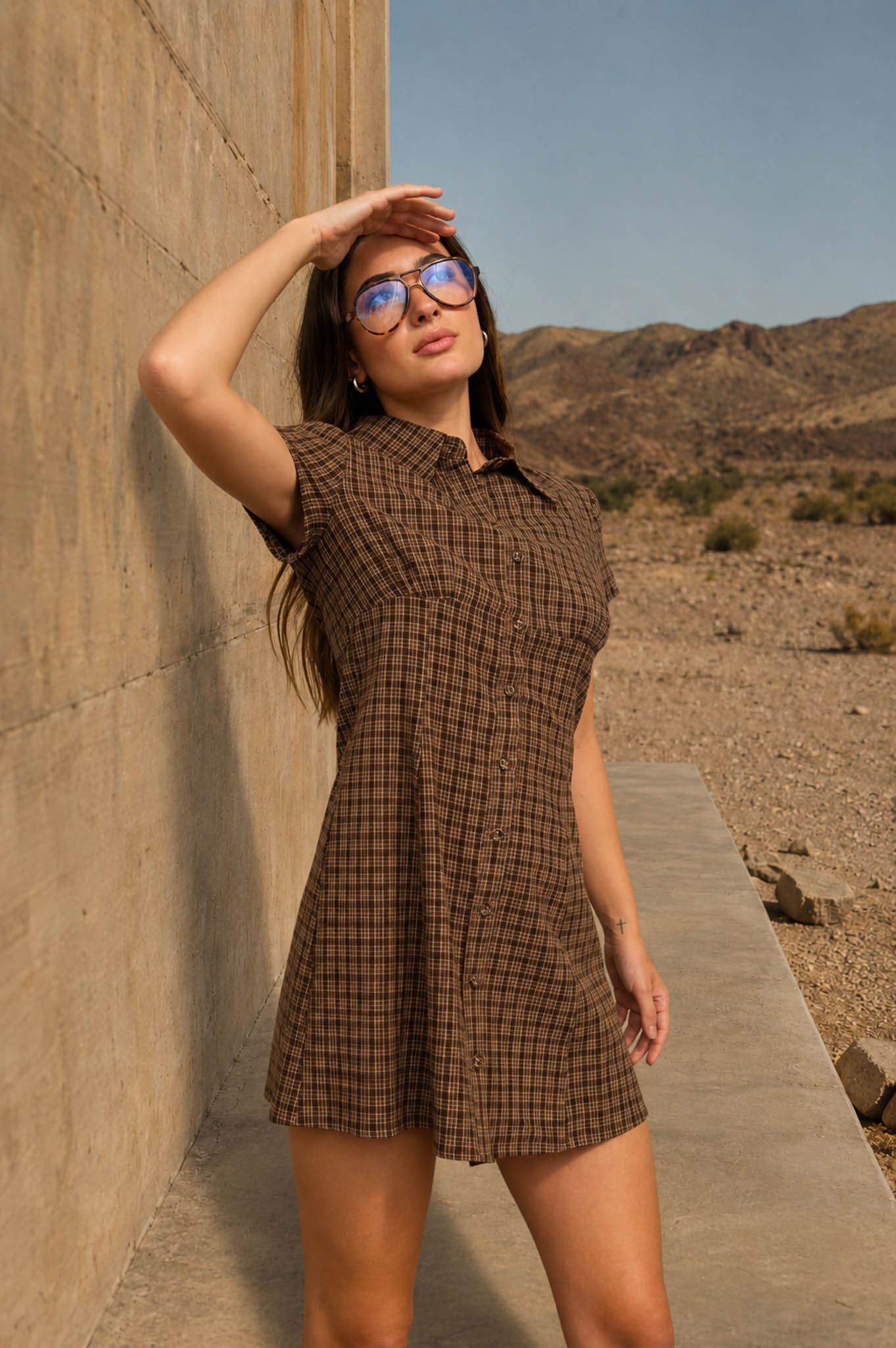 SHIRT COLLAR BUTTON-FRONT PLAID MINI DRESS