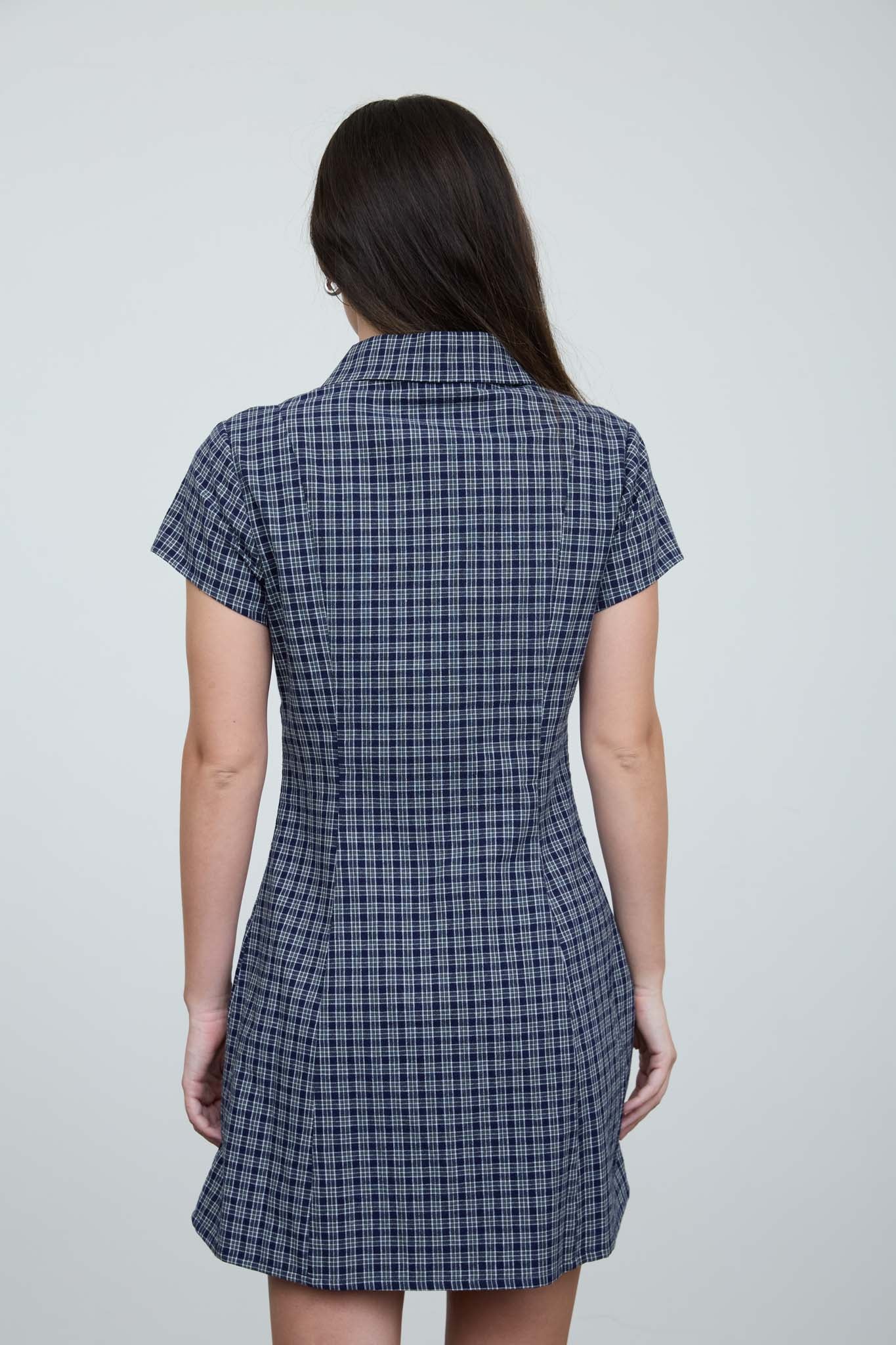 SHIRT COLLAR BUTTON-FRONT PLAID MINI DRESS