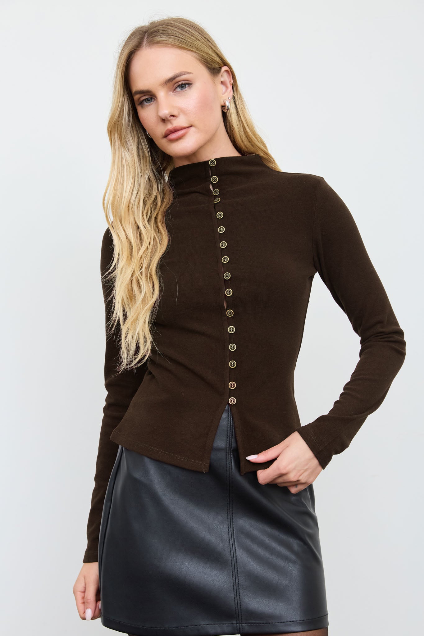 BUTTON FRONT MOCK NECK LONG SLEEVE KNIT TOP