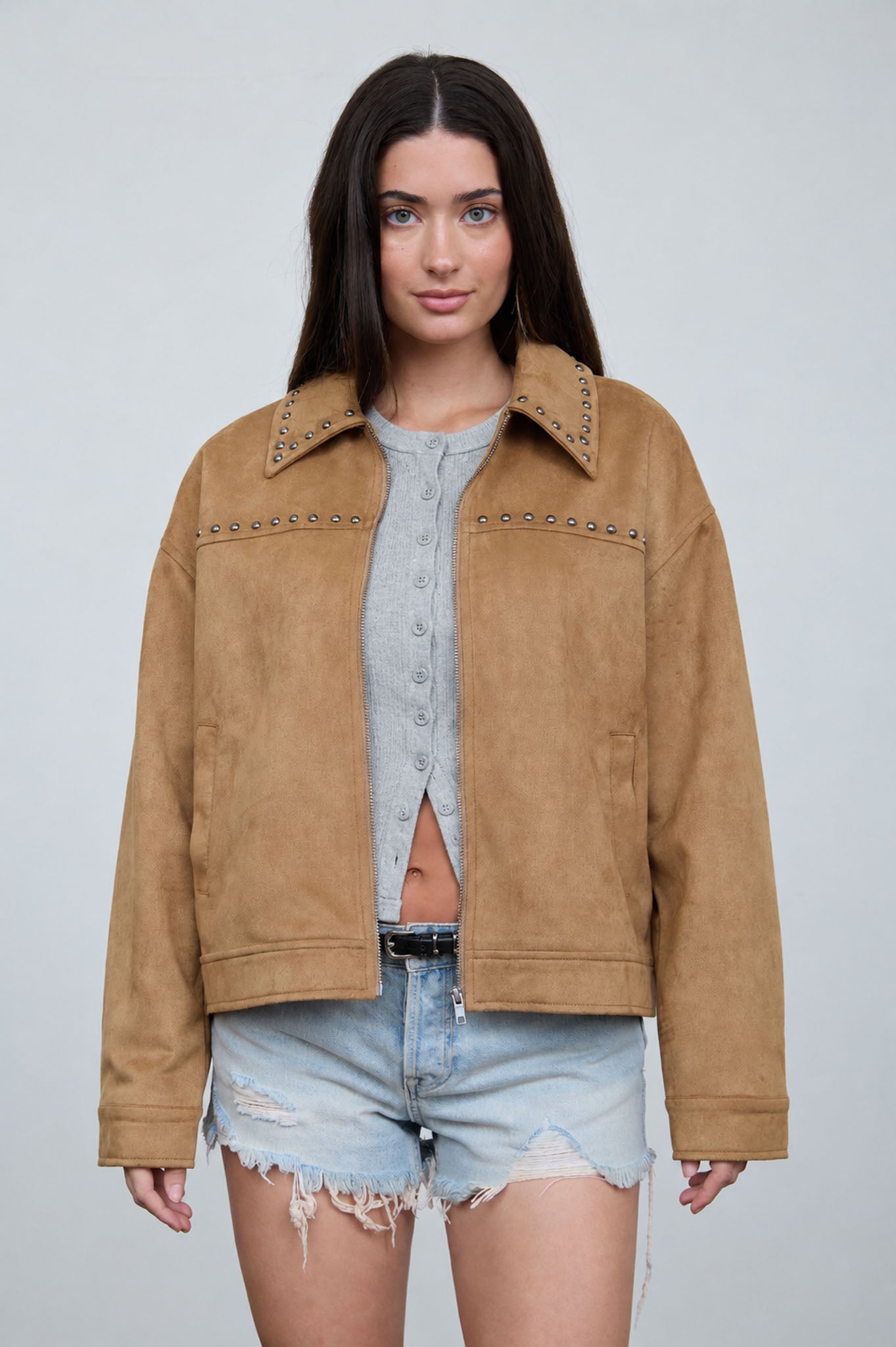 STUDDED COLLARED ZIP-UP SUEDE JACKET