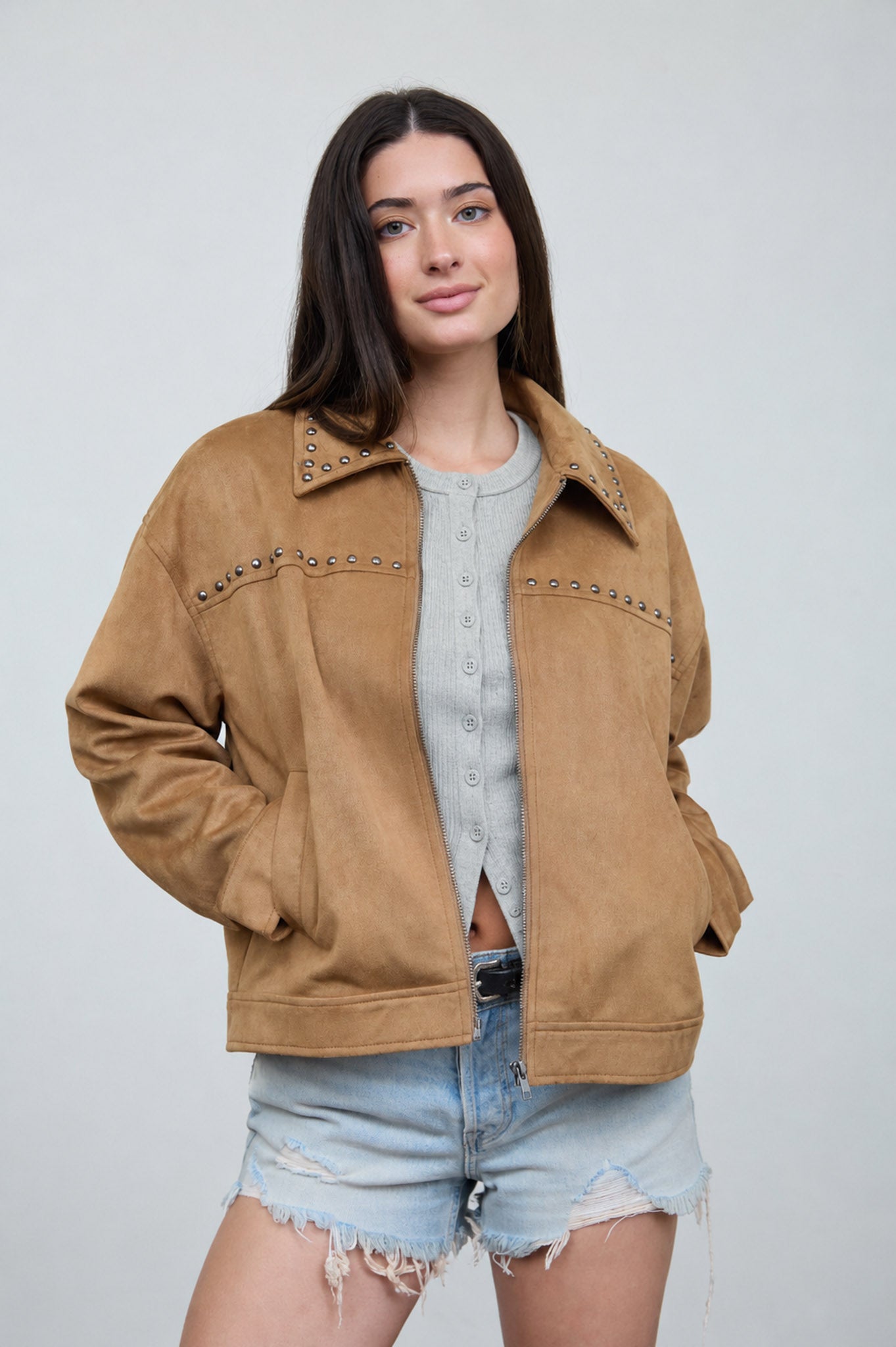 STUDDED COLLARED ZIP-UP SUEDE JACKET