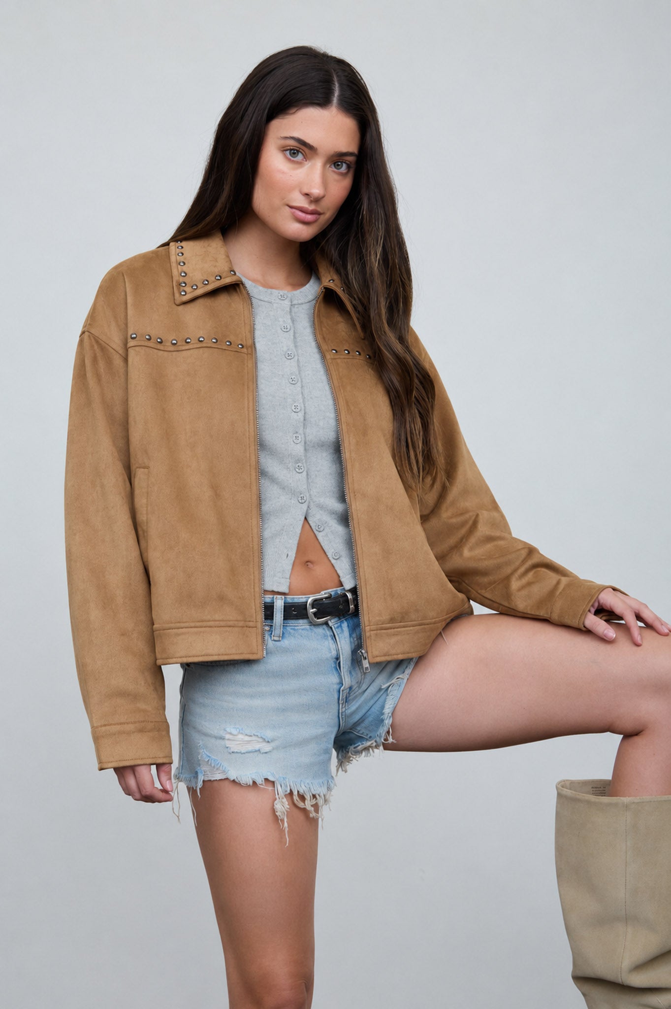 STUDDED COLLARED ZIP-UP SUEDE JACKET