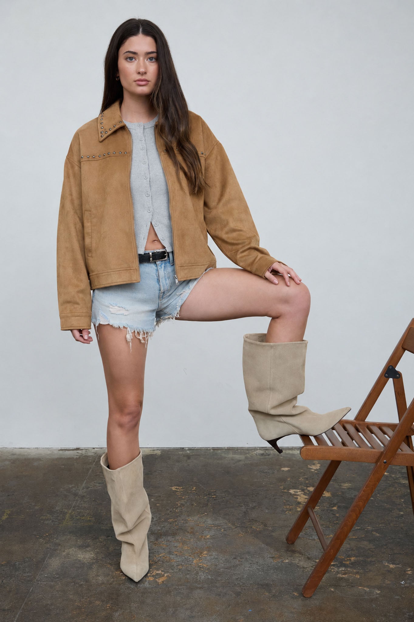 STUDDED COLLARED ZIP-UP SUEDE JACKET