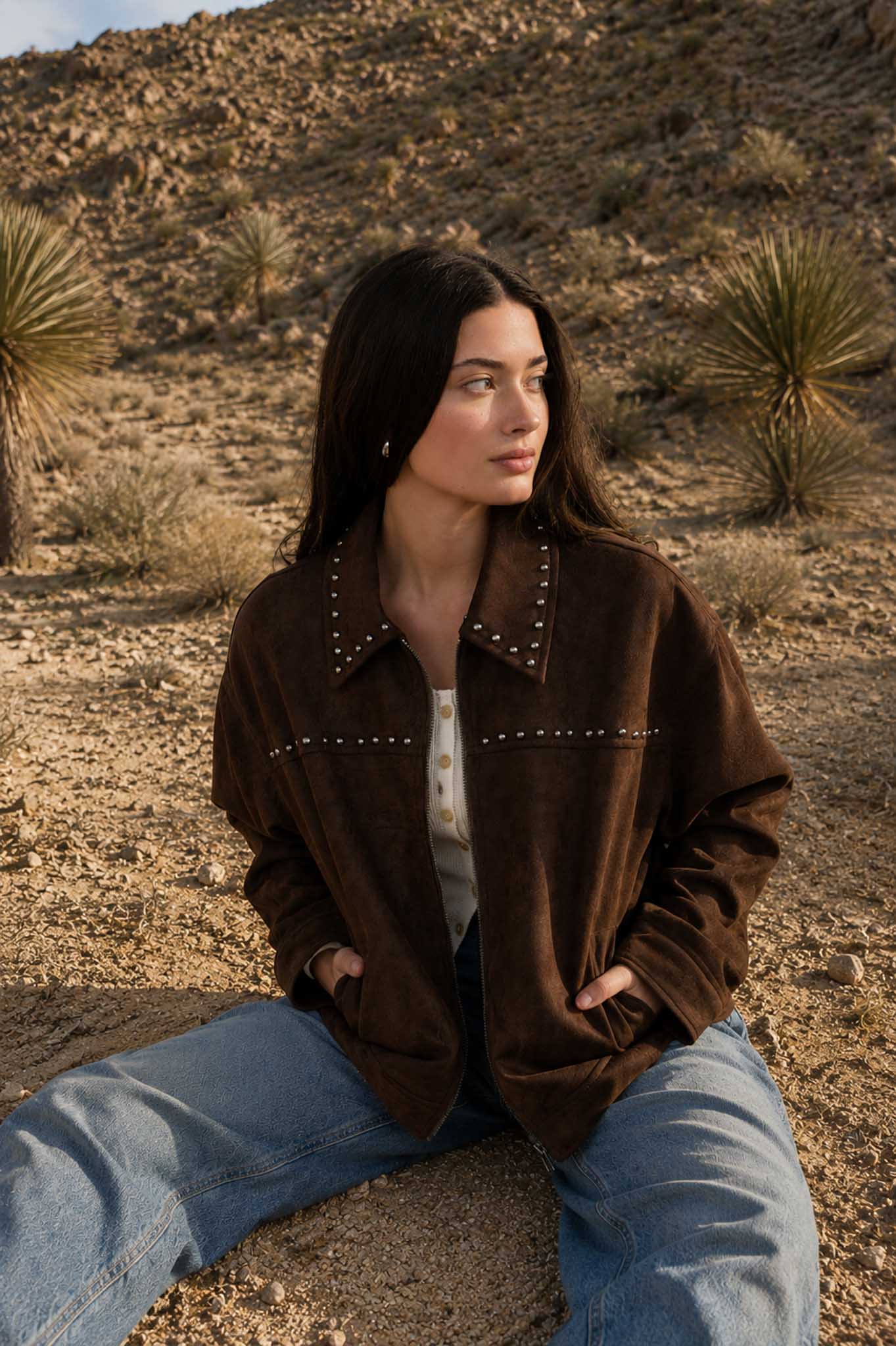 STUDDED COLLARED ZIP-UP SUEDE JACKET
