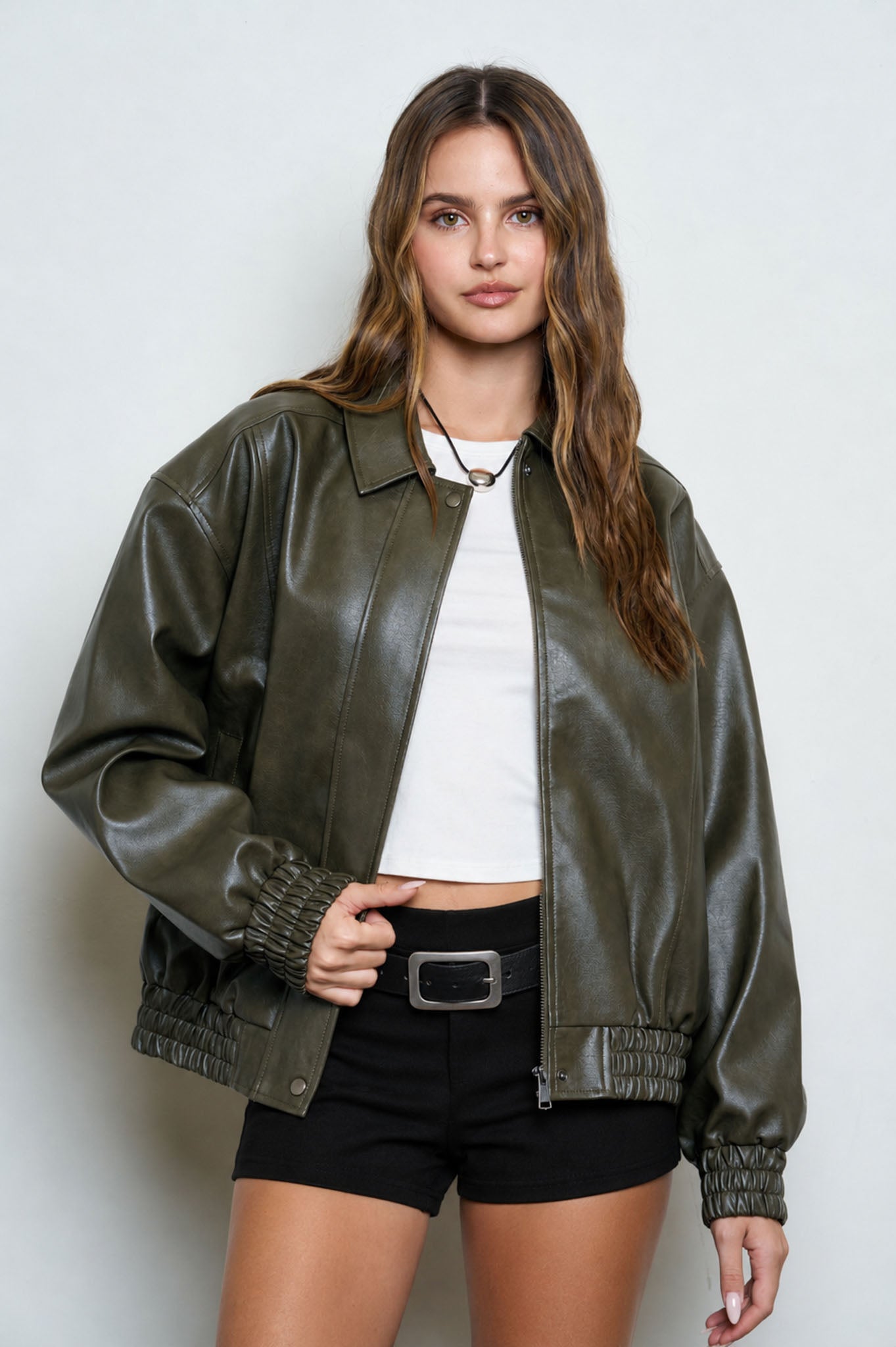 FAUX LEATHER COLLARED ZIP-UP BOMBER JACKET (PRE-ORDER)