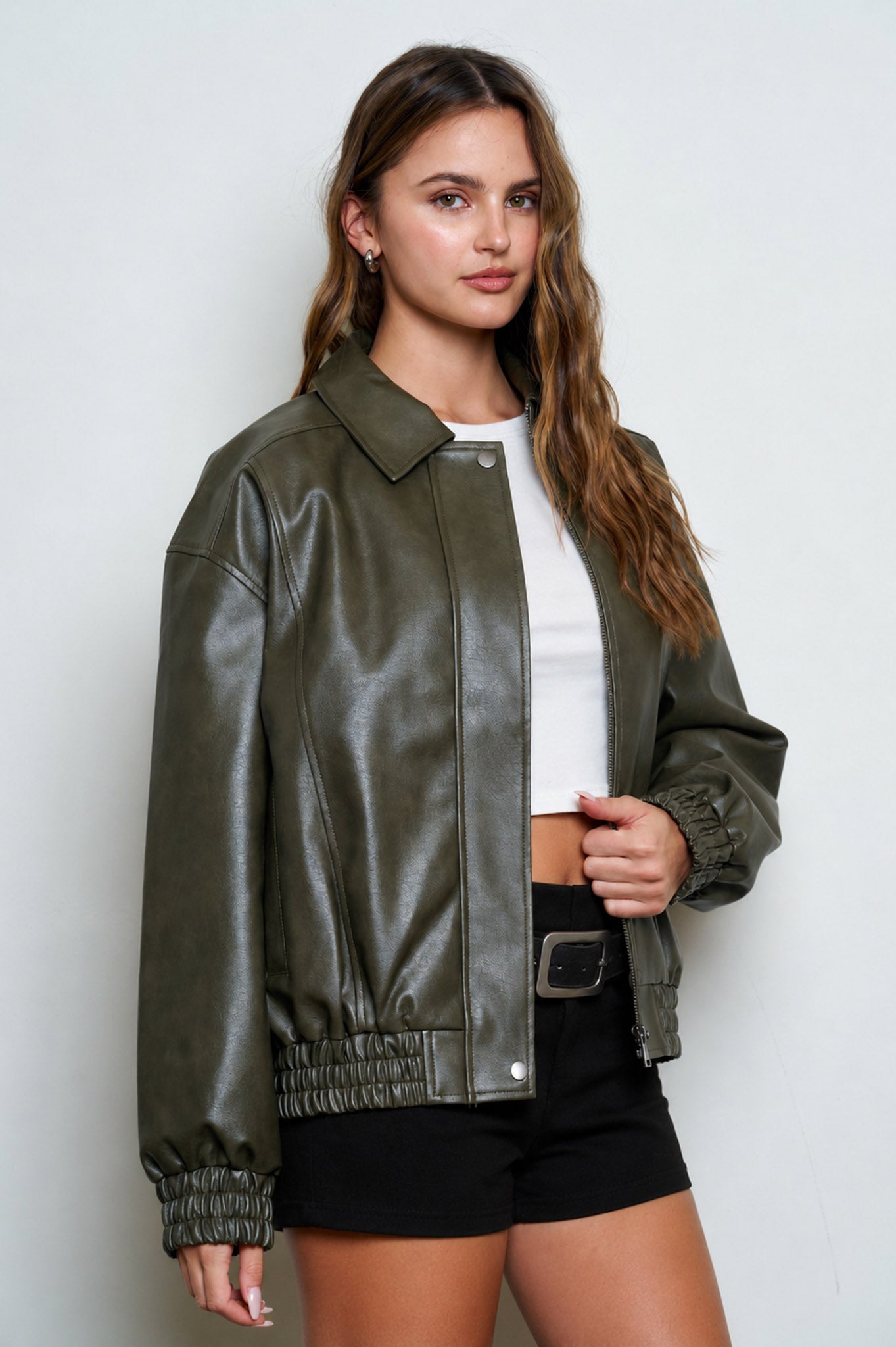 FAUX LEATHER COLLARED ZIP-UP BOMBER JACKET (PRE-ORDER)
