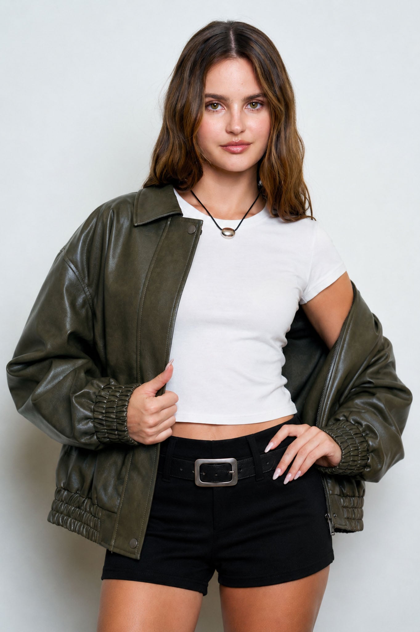 FAUX LEATHER COLLARED ZIP-UP BOMBER JACKET (PRE-ORDER)