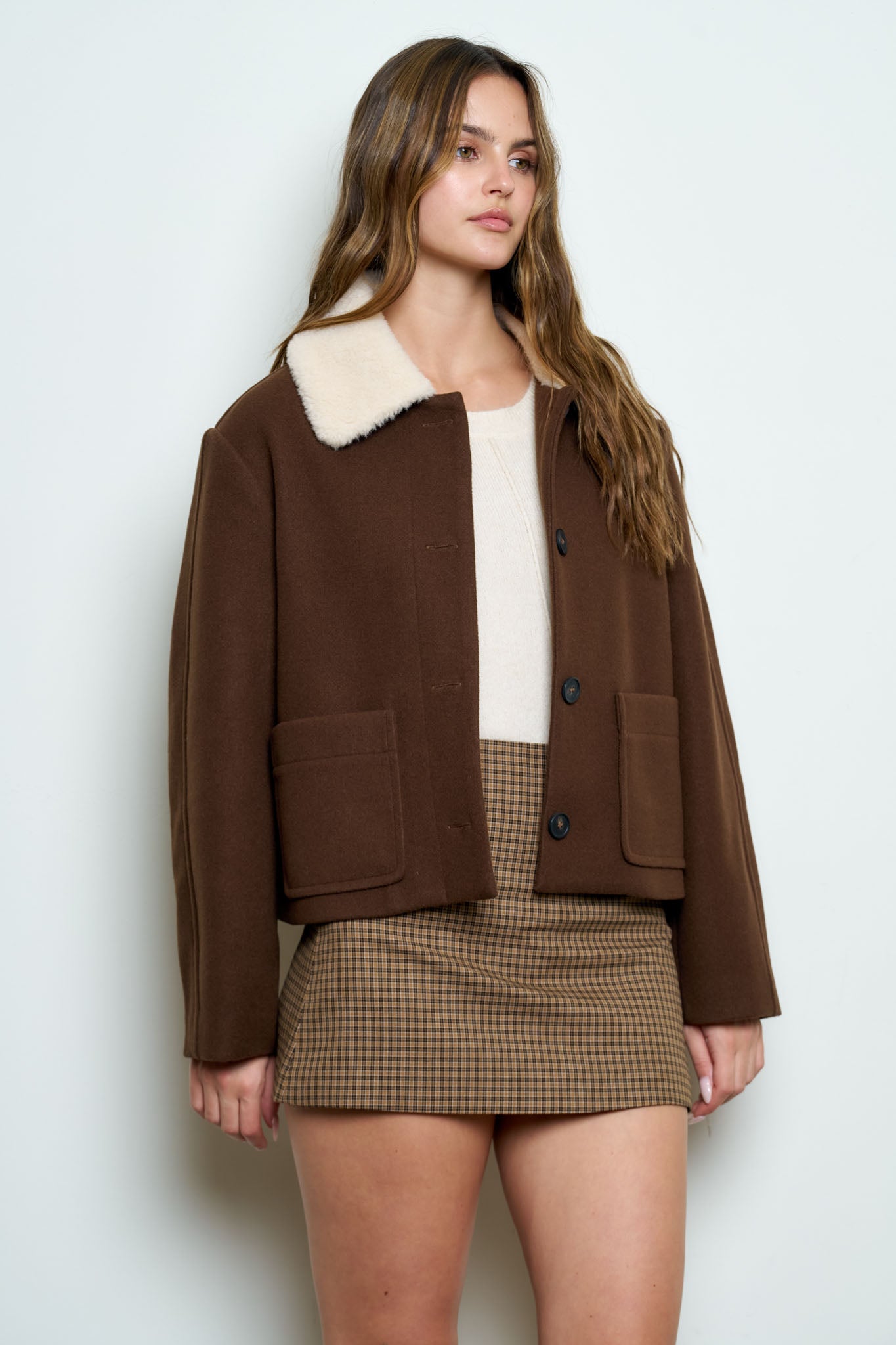 CONTRAST SHEARLING COLLAR BUTTON JACKET
