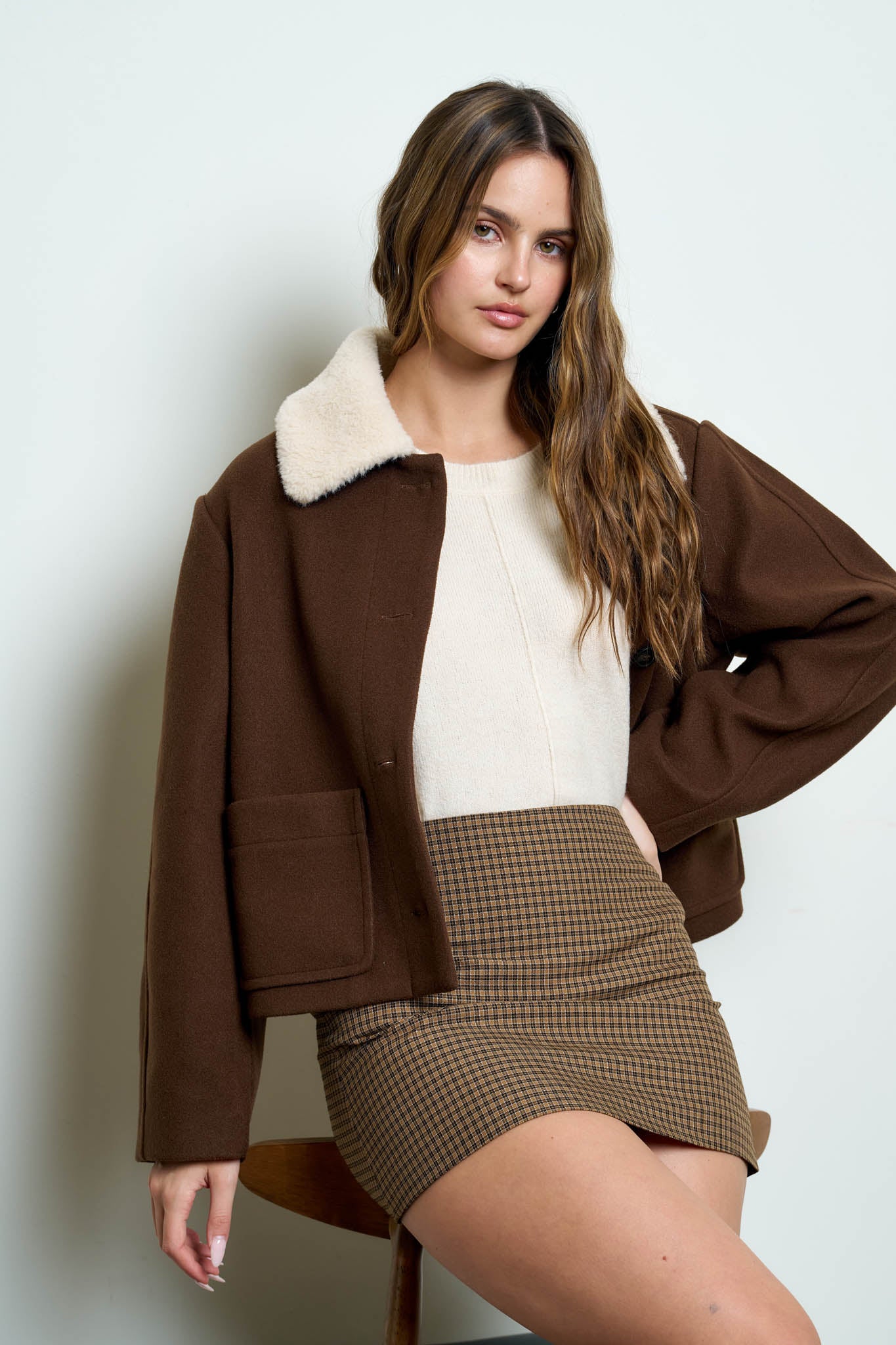 CONTRAST SHEARLING COLLAR BUTTON JACKET