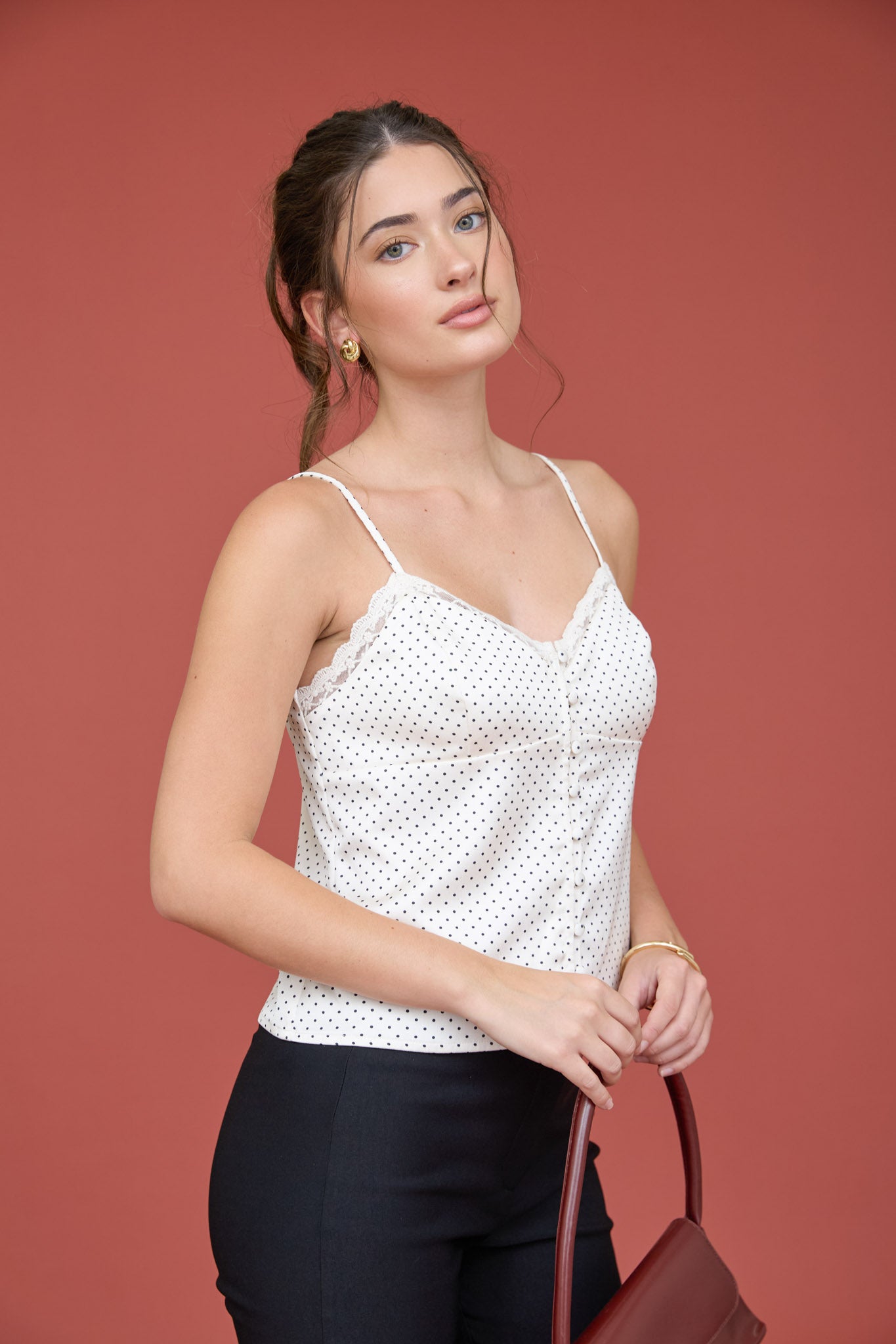 POLKA DOT LACE TRIM BUTTON DOWN SATIN CAMI (PRE-ORDER)