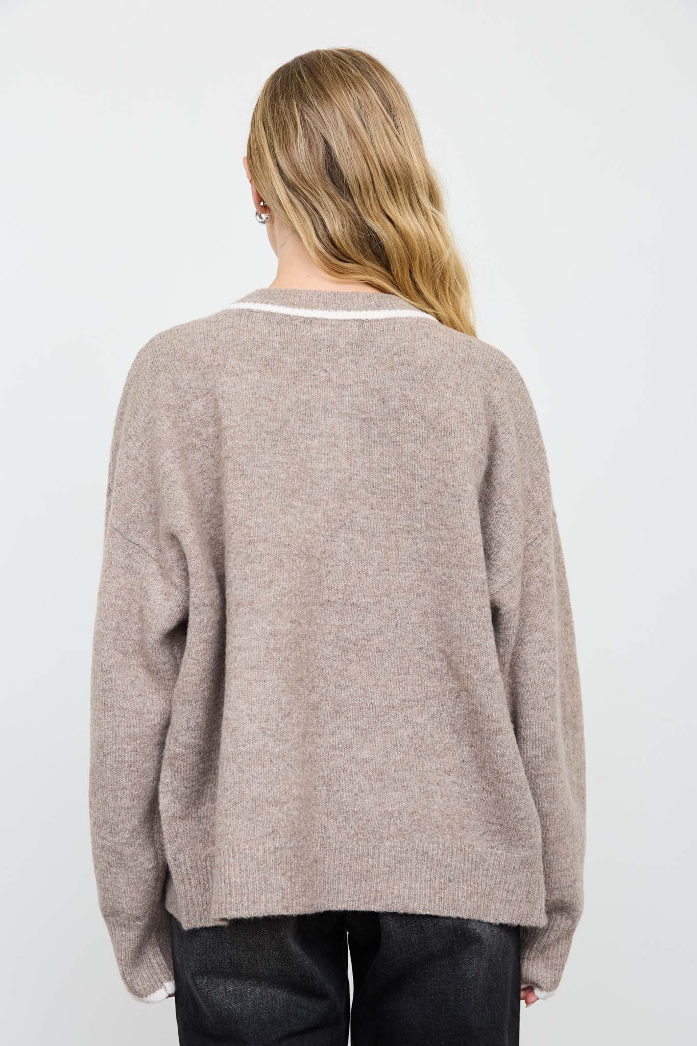 CONTRAST TRIM ROUND NECK FUZZY KNIT CARDIGAN
