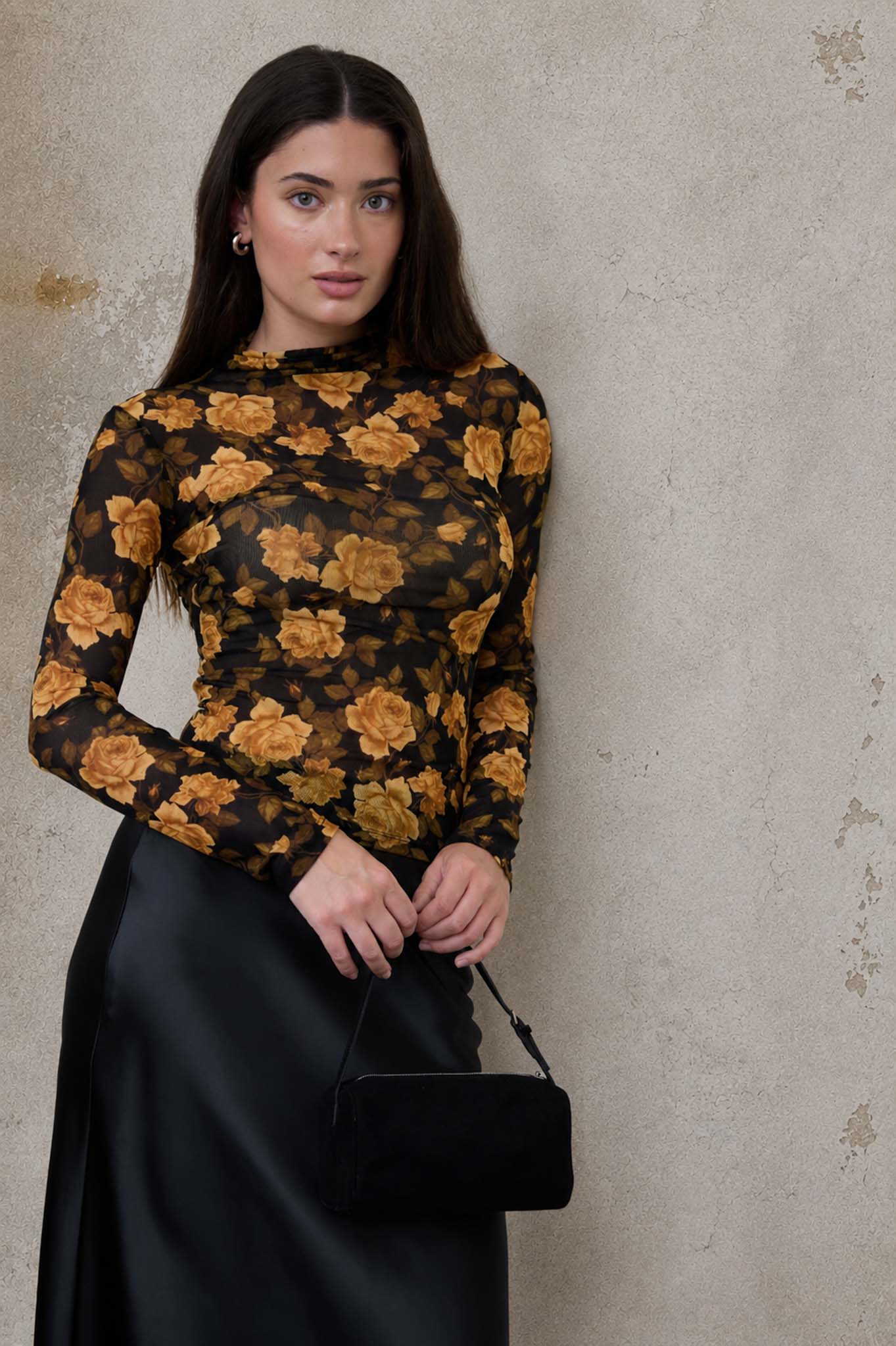 FLORAL MESH MOCK NECK LONG SLEEVE KNIT TOP (PRE-ORDER)