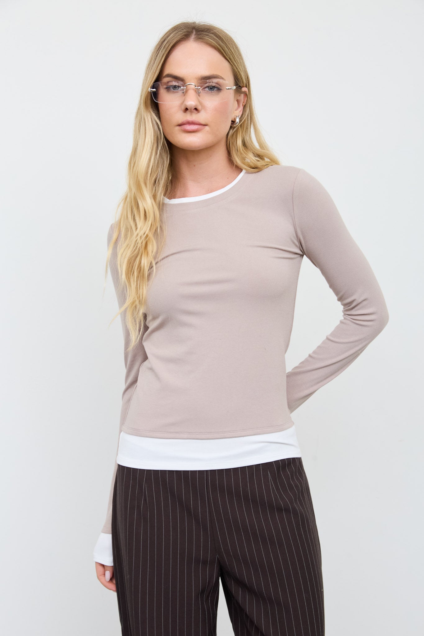 LAYERED LONG SLEEVE CREW NECK KNIT TOP