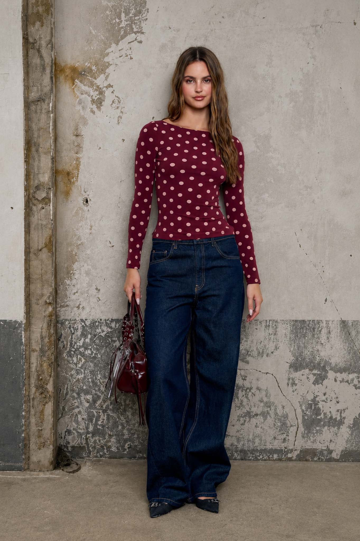 POLKA DOT BOAT NECK LONG SLEEVE KNIT TOP (PRE-ORDER)