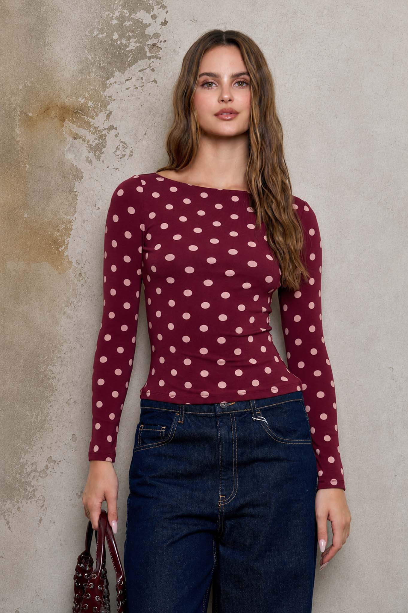 POLKA DOT BOAT NECK LONG SLEEVE KNIT TOP (PRE-ORDER)