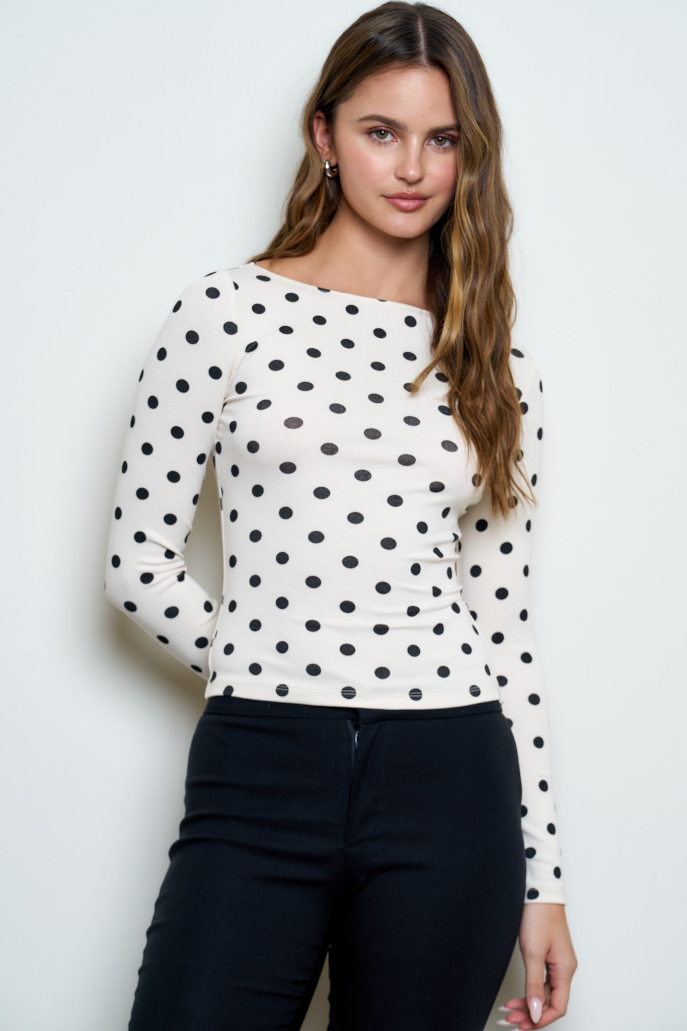 POLKA DOT BOAT NECK LONG SLEEVE KNIT TOP (PRE-ORDER)