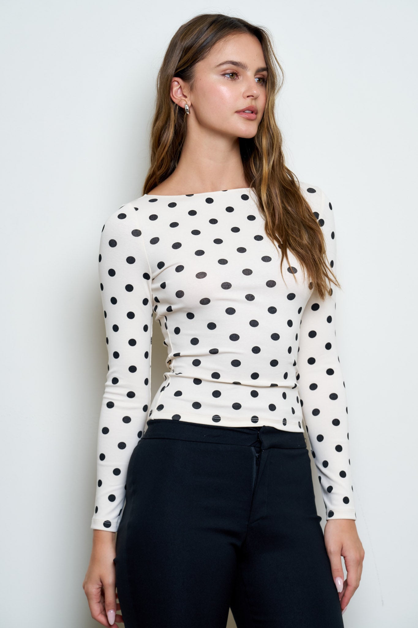 POLKA DOT BOAT NECK LONG SLEEVE KNIT TOP (PRE-ORDER)