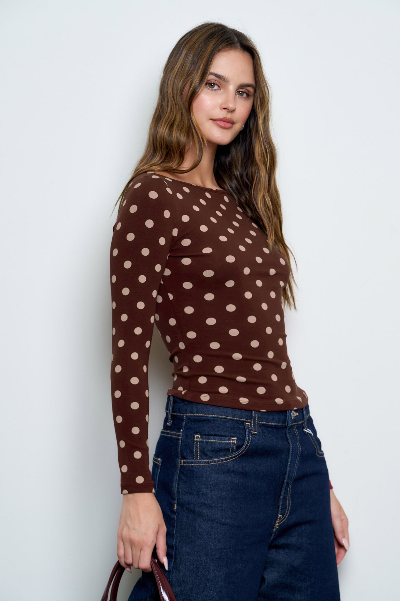 POLKA DOT BOAT NECK LONG SLEEVE KNIT TOP (PRE-ORDER)
