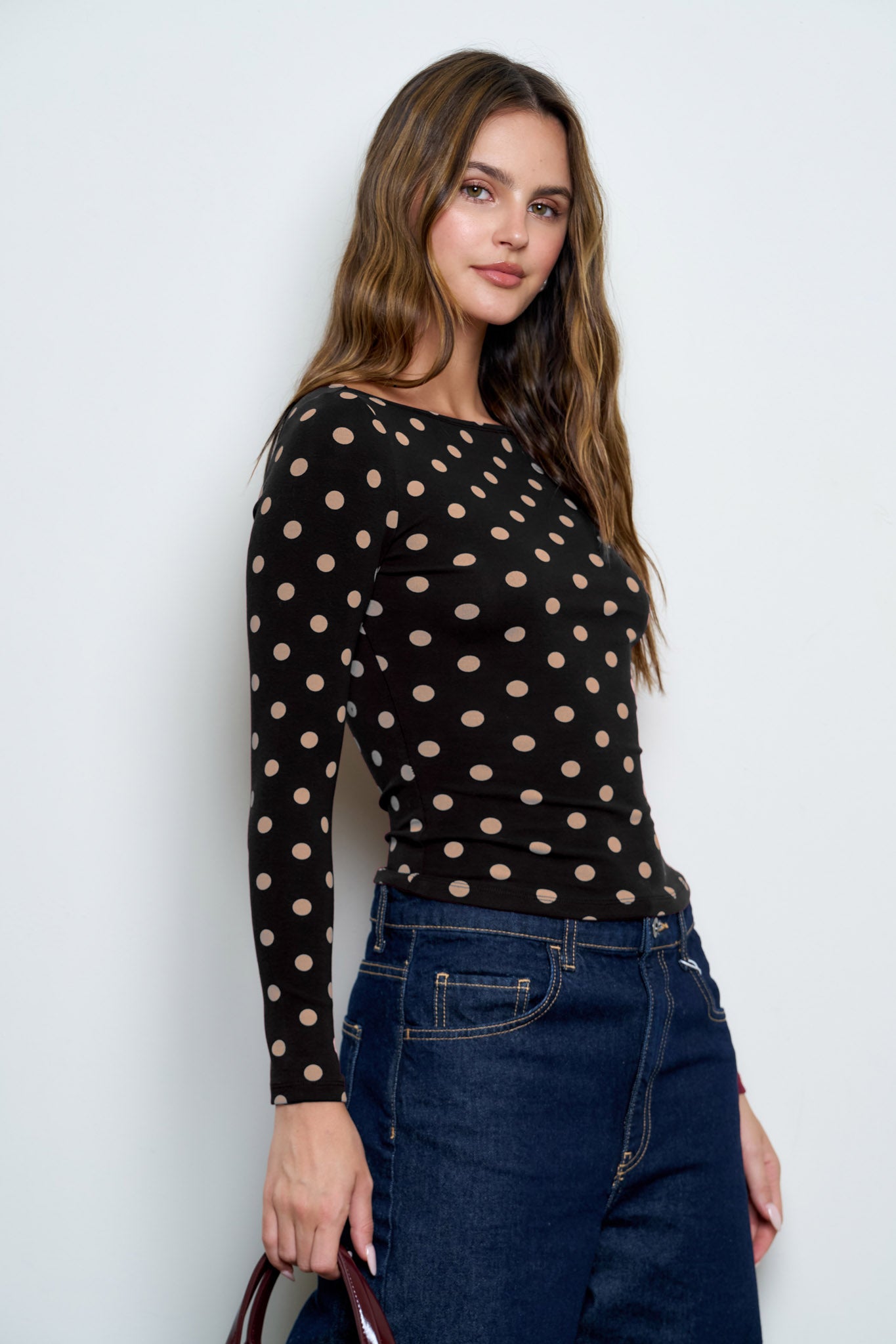 POLKA DOT BOAT NECK LONG SLEEVE KNIT TOP (PRE-ORDER)