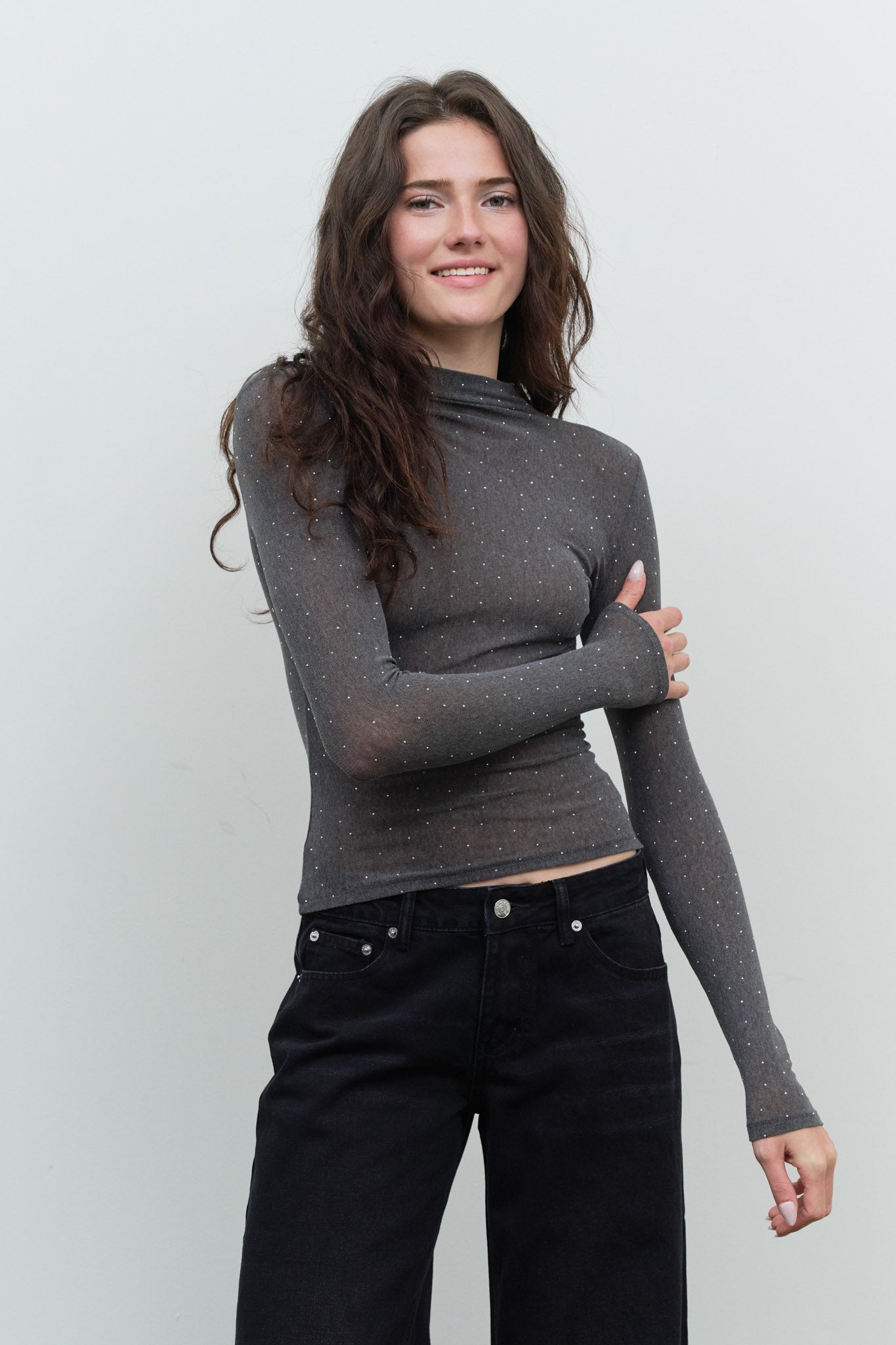 RHINESTONE DOT MOCK NECK LONG SLEEVE KNIT TOP