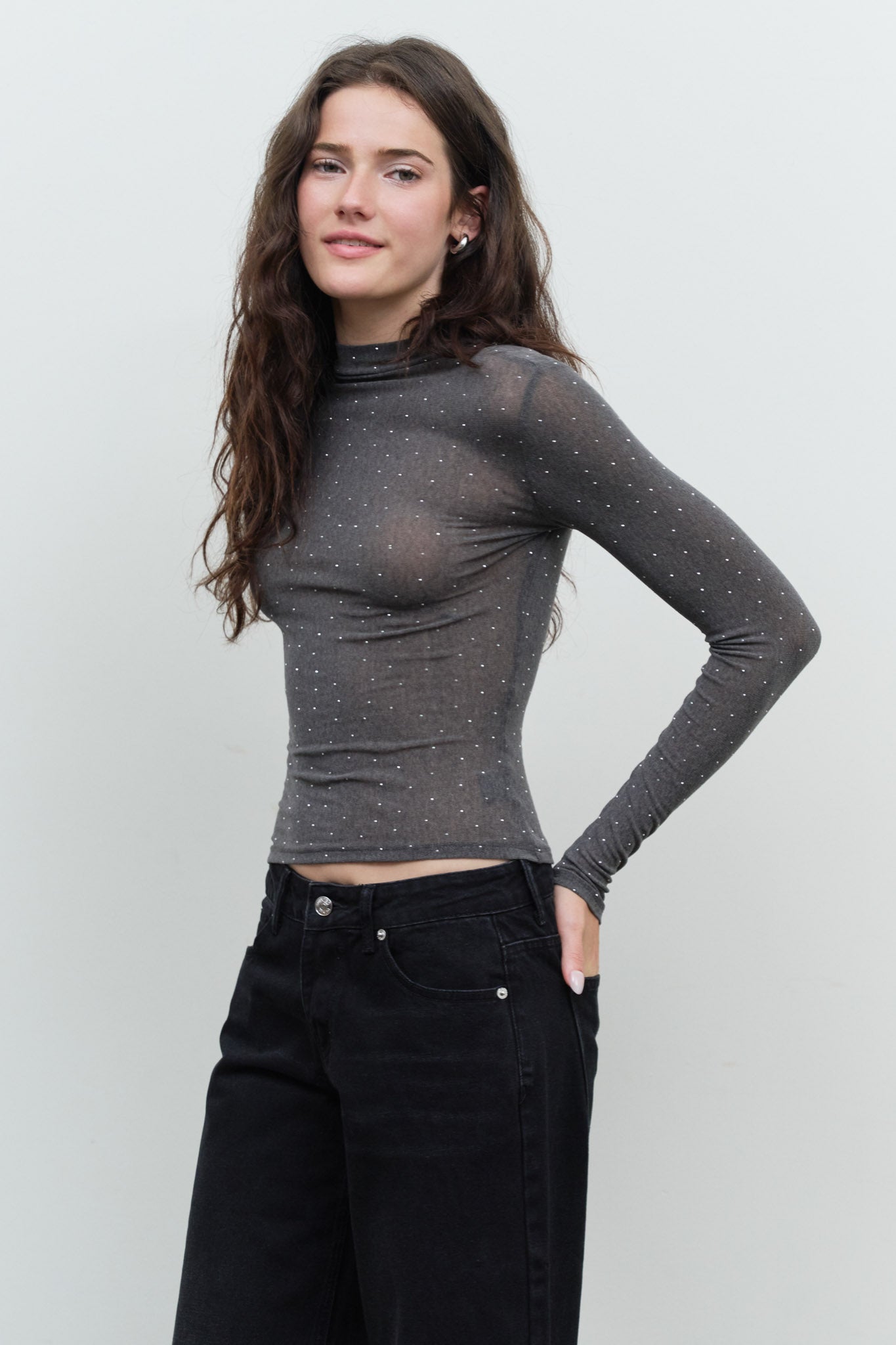 RHINESTONE DOT MOCK NECK LONG SLEEVE KNIT TOP