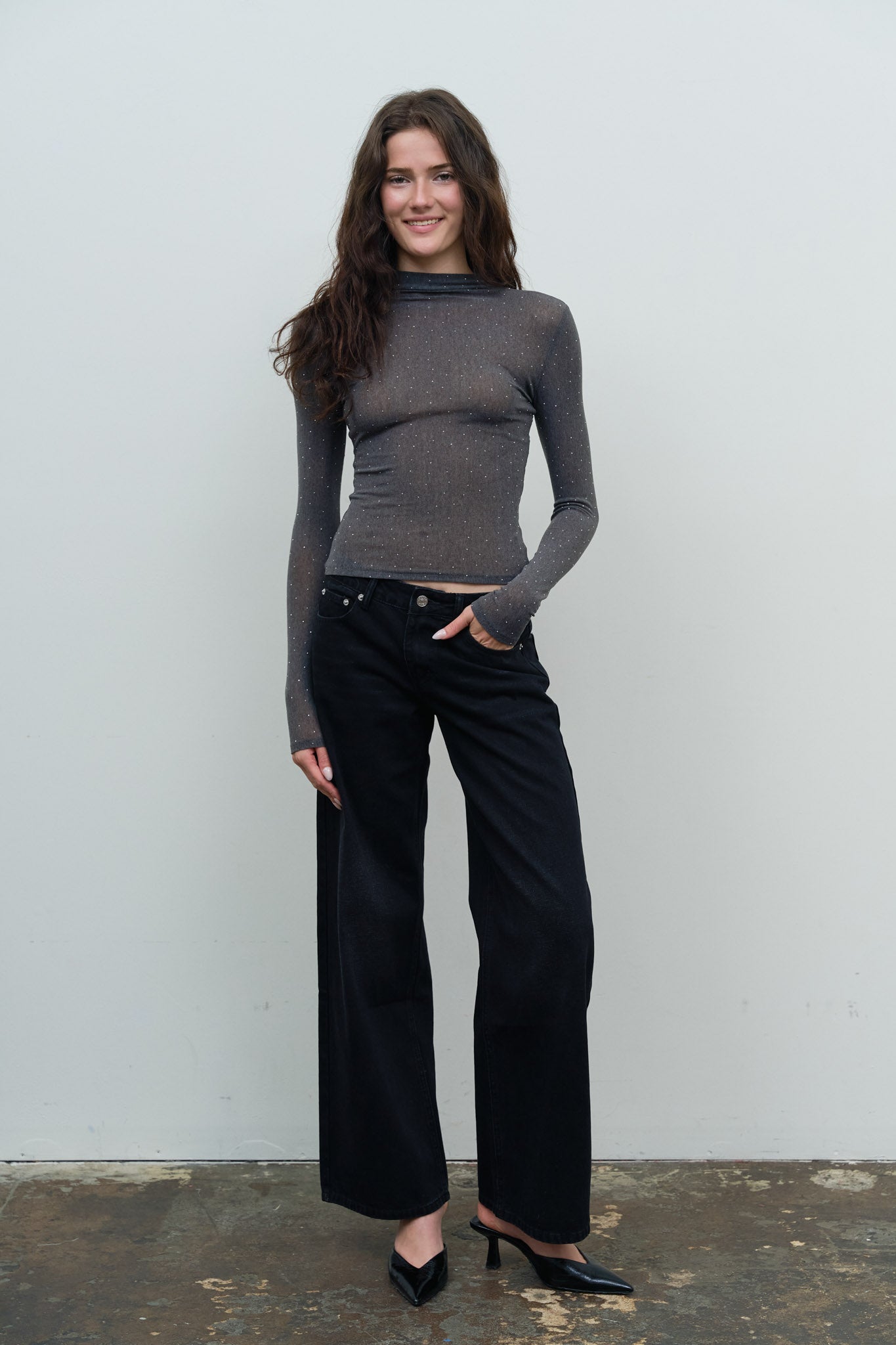 RHINESTONE DOT MOCK NECK LONG SLEEVE KNIT TOP