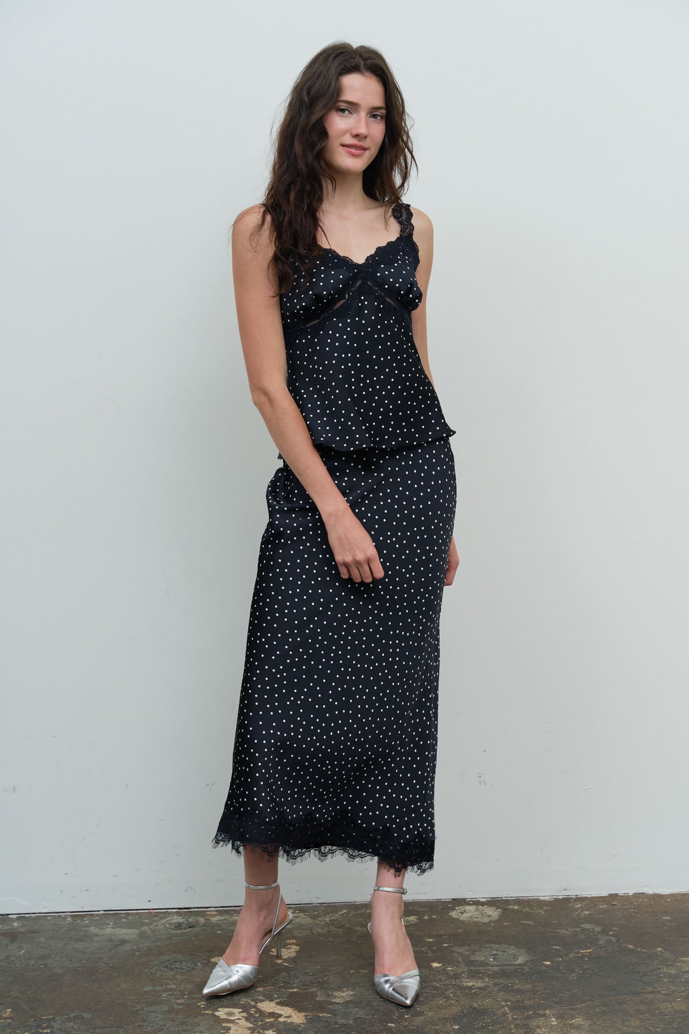 POLKA DOT LACE TRIM SLIT MIDI SKIRT