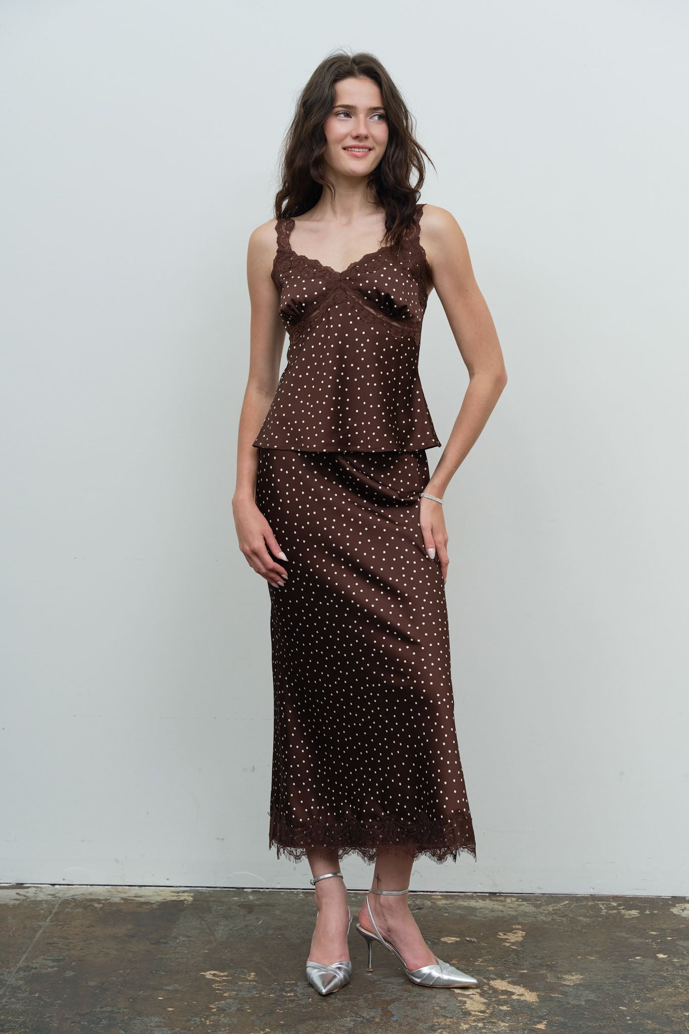 POLKA DOT LACE TRIM SLIT MIDI SKIRT