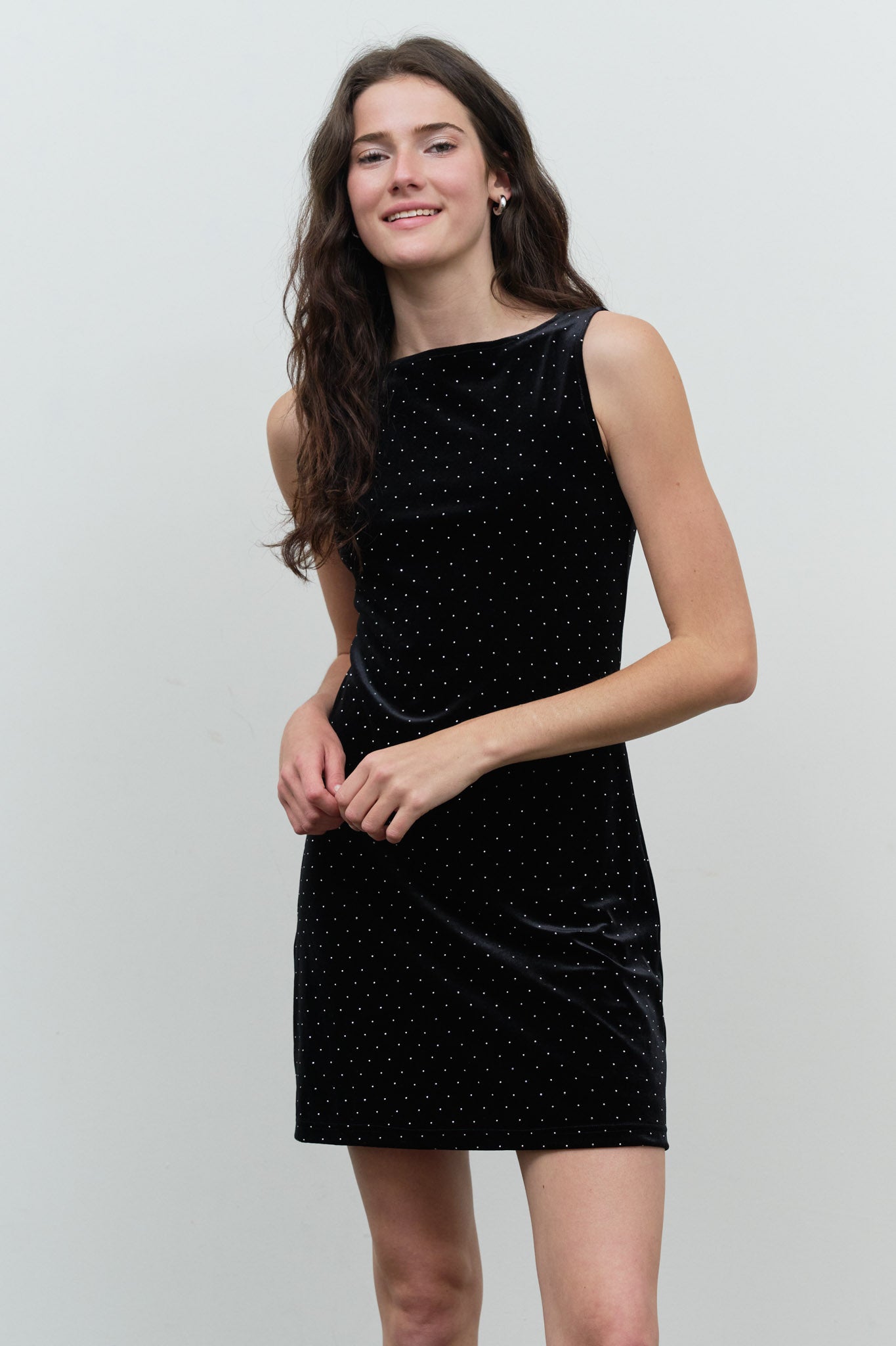 RHINESTONE DOT SLEEVELESS BOAT NECK MINI DRESS
