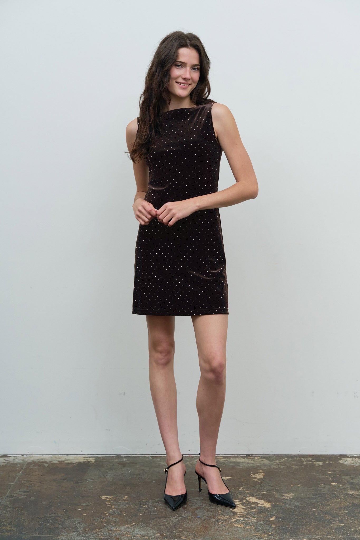 RHINESTONE DOT SLEEVELESS BOAT NECK MINI DRESS