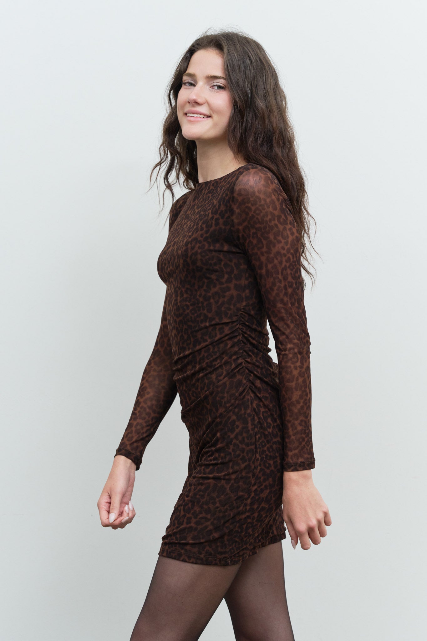 LEOPARD MESH BODYCON LONG SLEEVE MINI DRESS