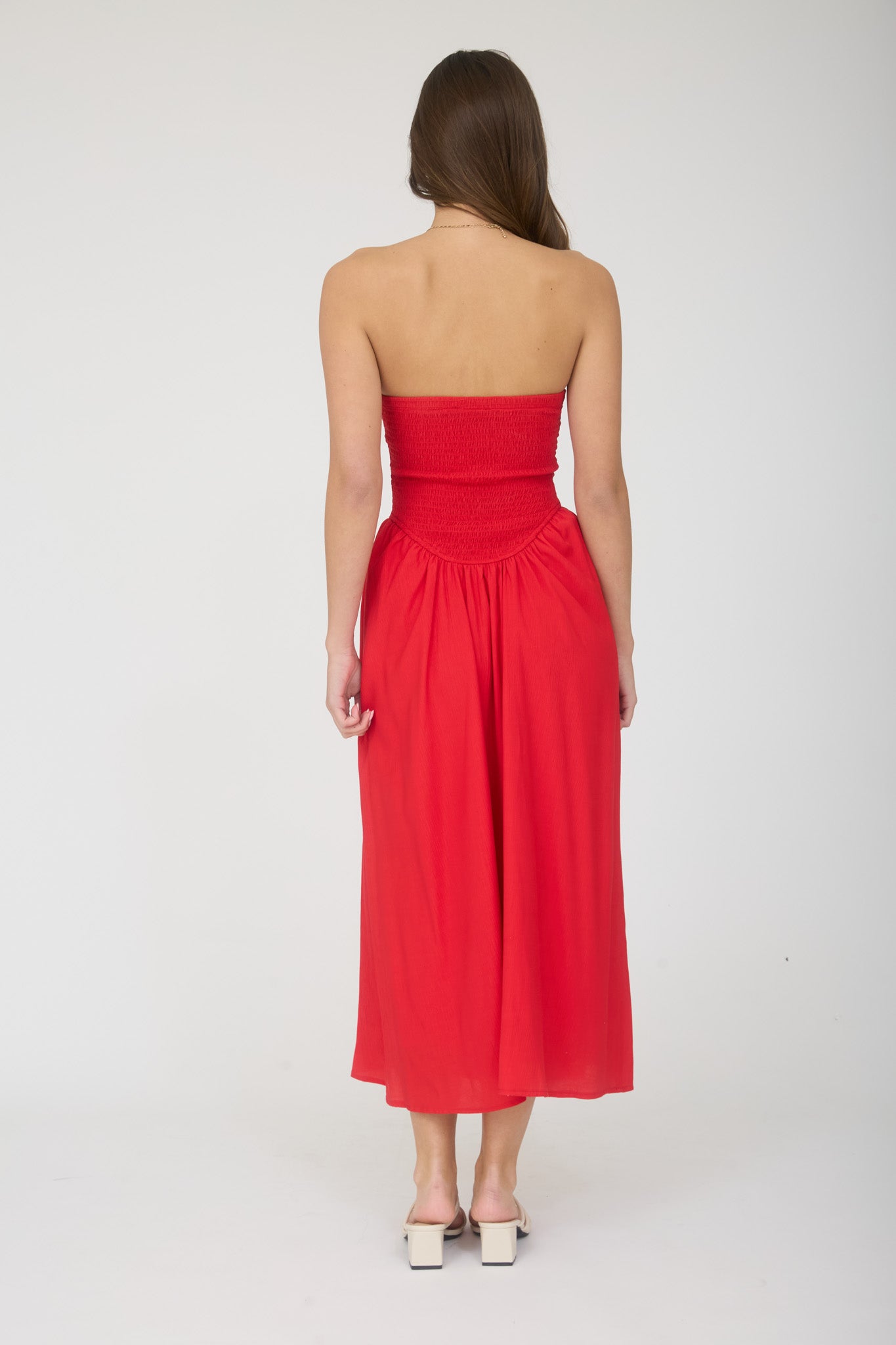 LACE TRIM STRAPLESS GATHERED DETAIL MIDI DRESS (PRE-ORDER)