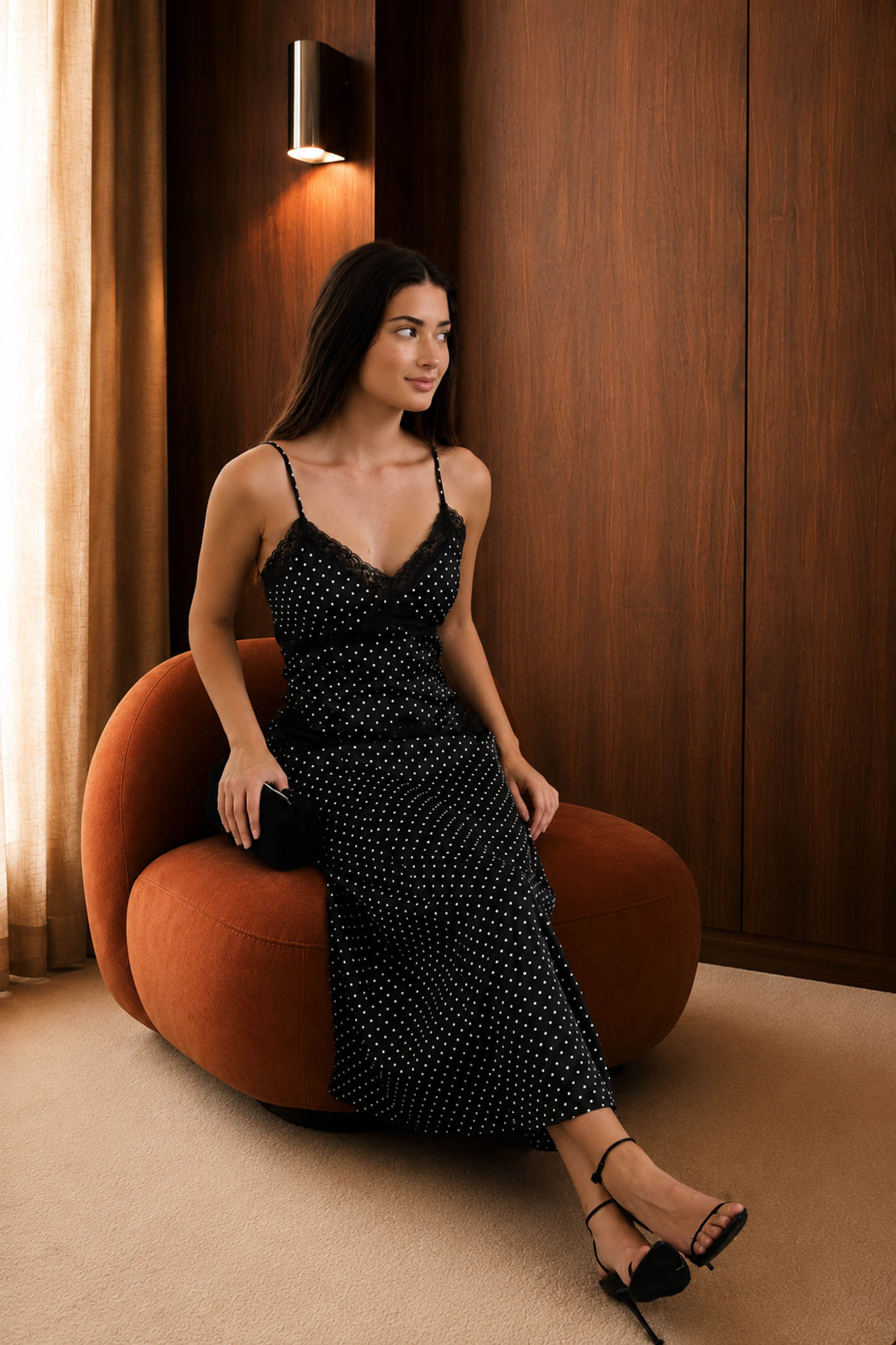 POLKA DOT LACE TRIM SPAGHETTI STRAP MIDI DRESS