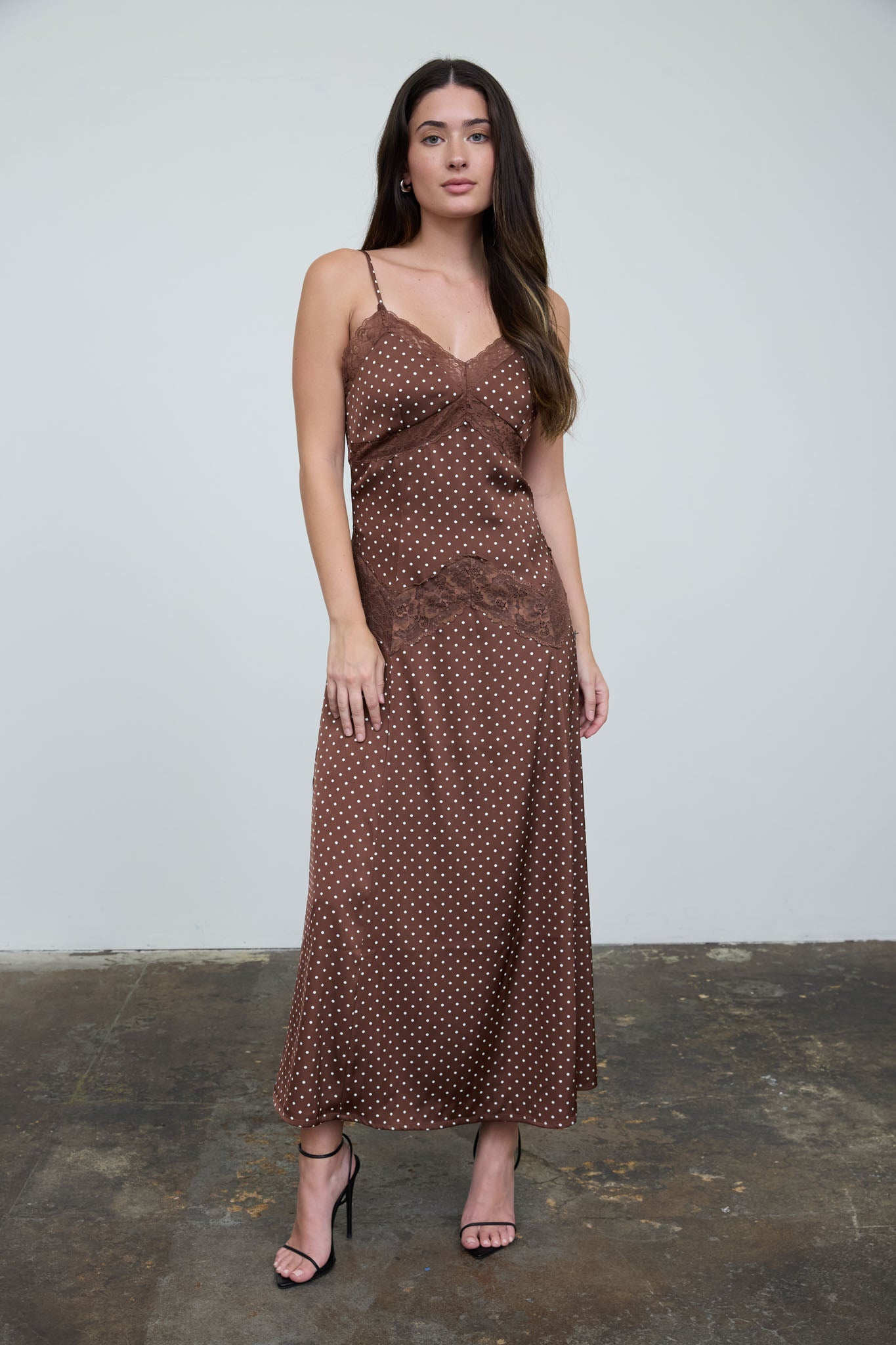 POLKA DOT LACE TRIM SPAGHETTI STRAP MIDI DRESS