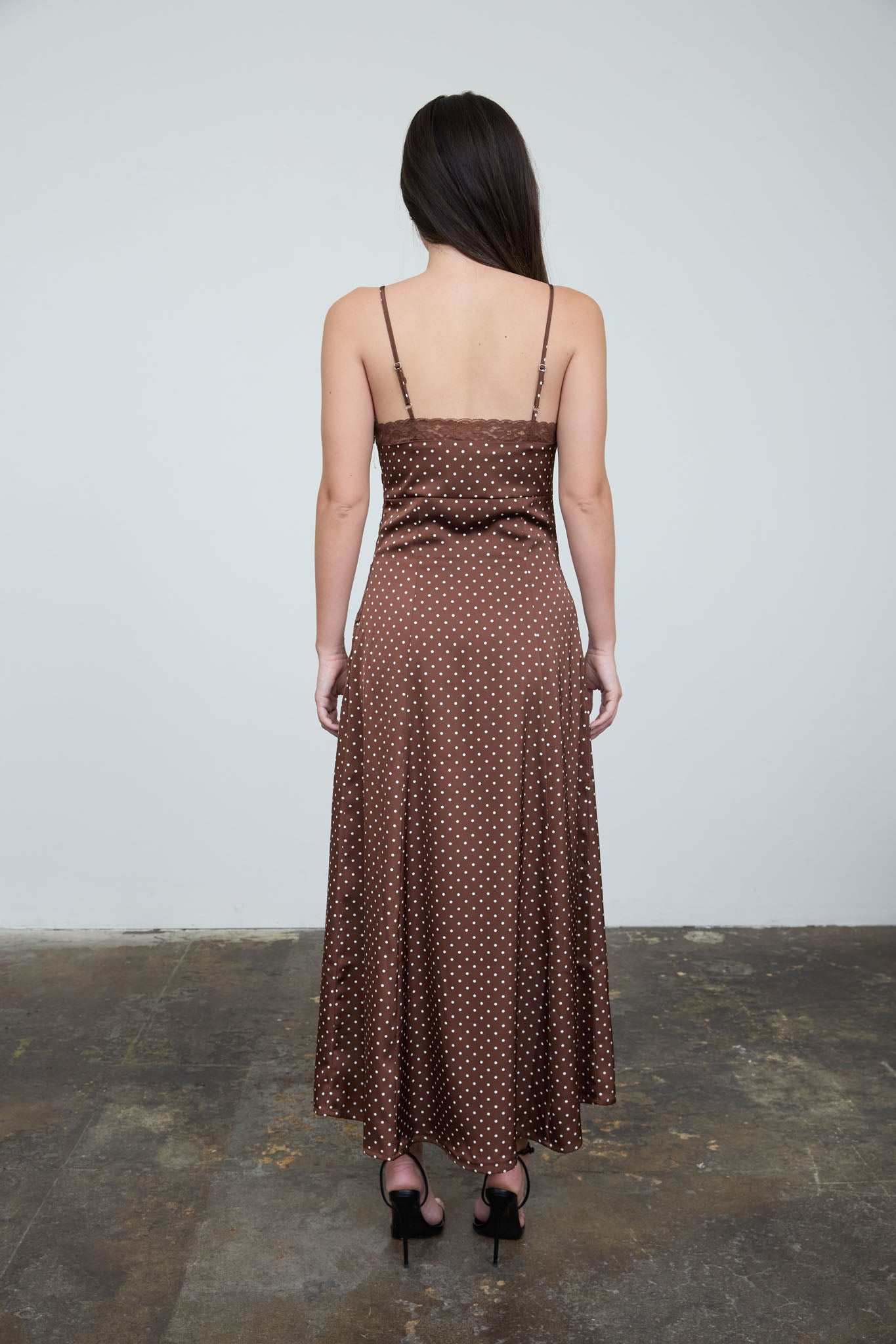 POLKA DOT LACE TRIM SPAGHETTI STRAP MIDI DRESS