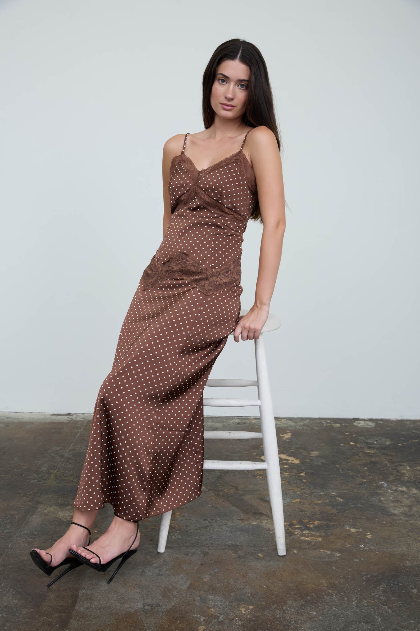 POLKA DOT LACE TRIM SPAGHETTI STRAP MIDI DRESS