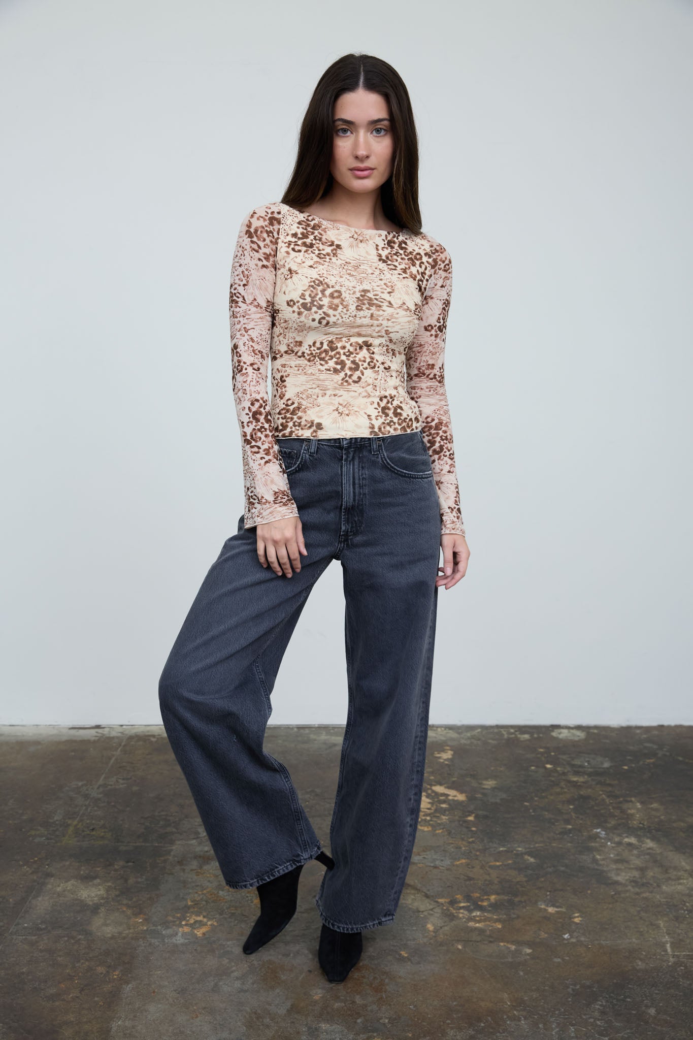 FLORAL LEOPARD PRINT LONG SLEEVE KNIT TOP