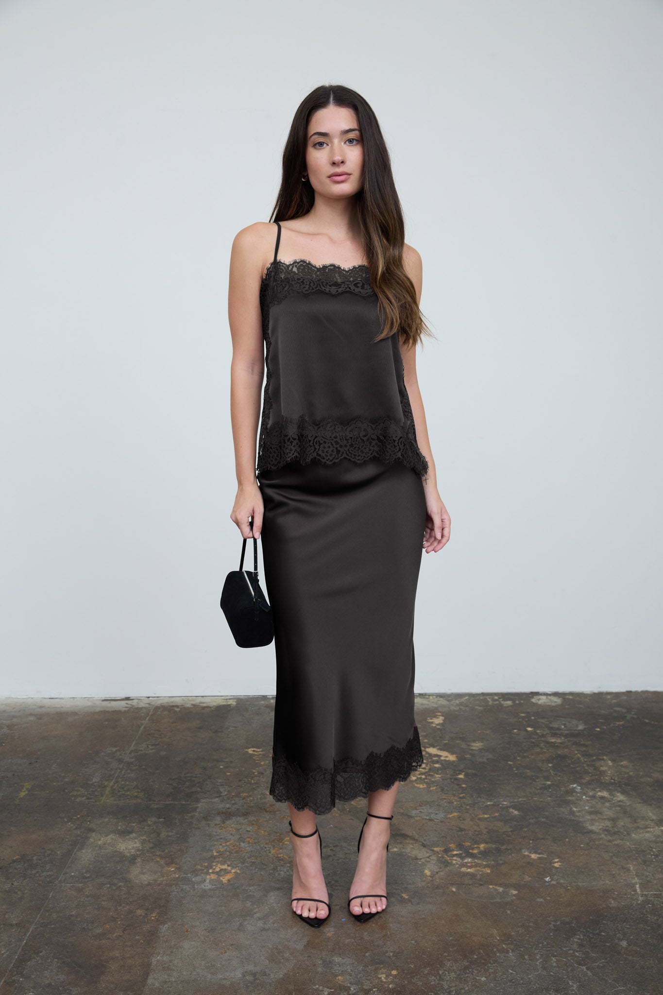 SATIN LACE HEM BACK SLIT PENCIL MIDI SKIRT (PRE-ORDER)