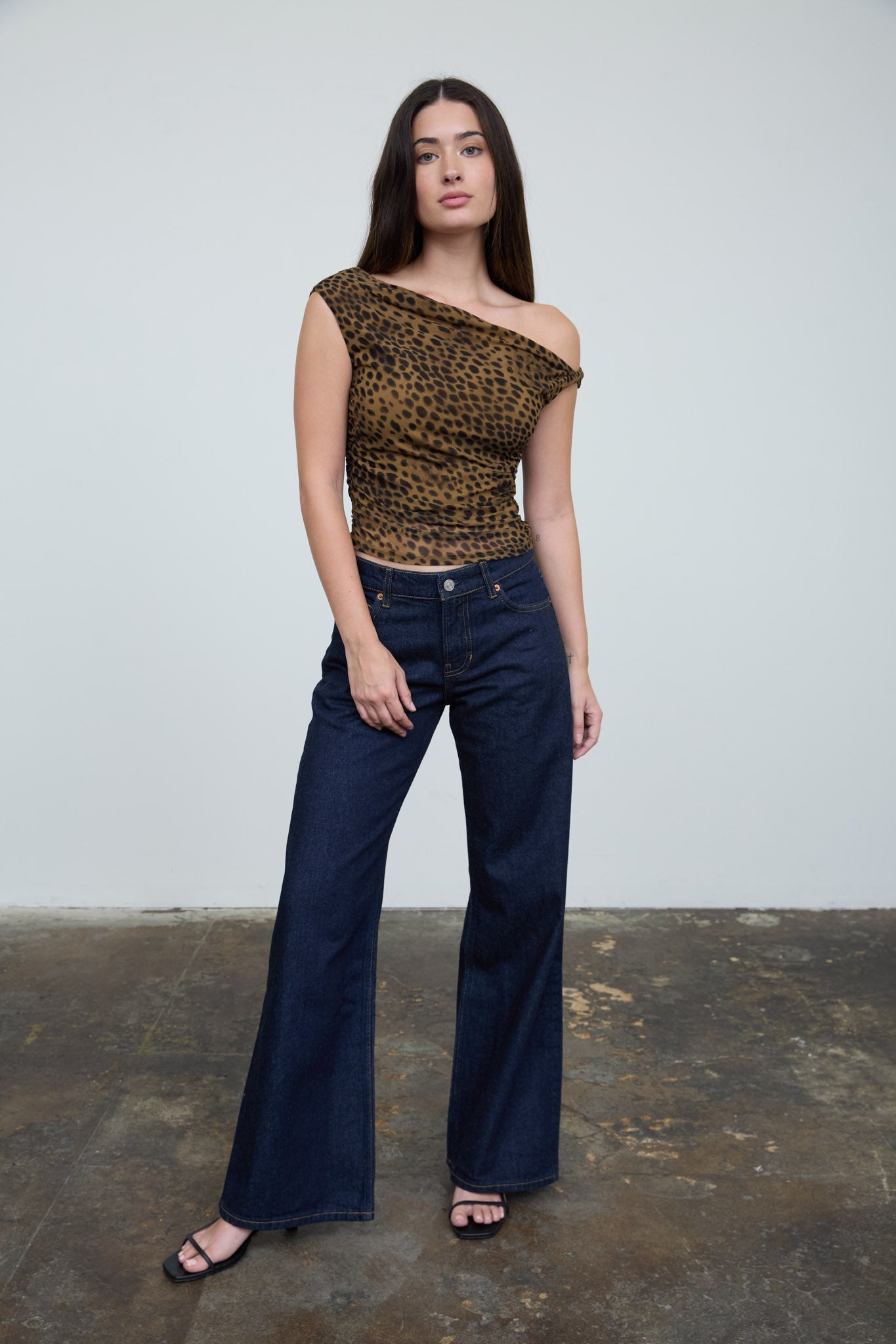 LEOPARD ASYMMETRICAL NECK TWIST DETAIL KNIT TOP