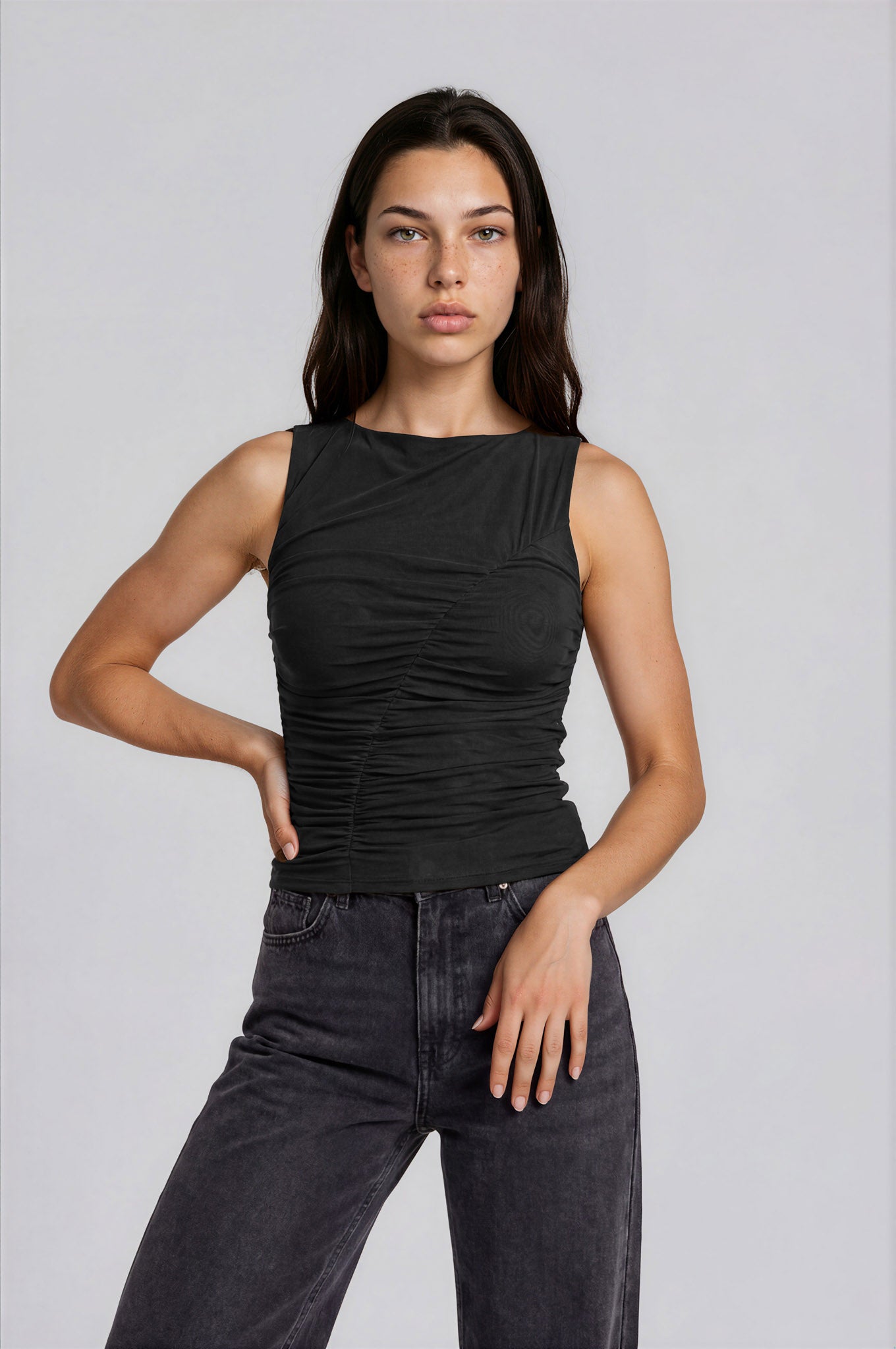 MESH BOAT NECK RUCHED FRONT SLEEVELESS KNIT TOP