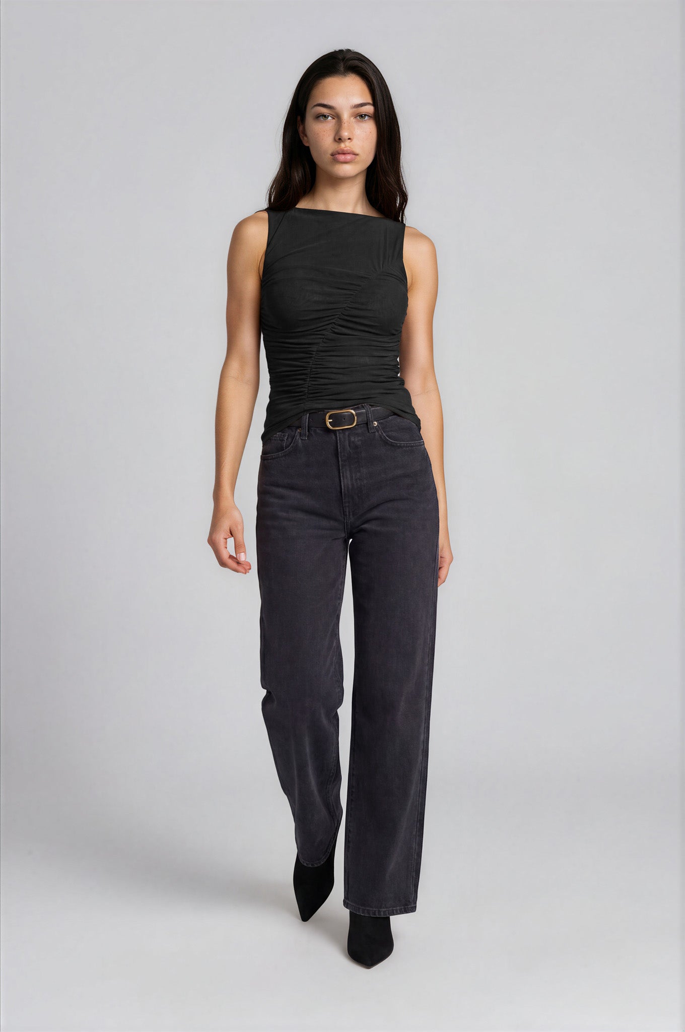 MESH BOAT NECK RUCHED FRONT SLEEVELESS KNIT TOP