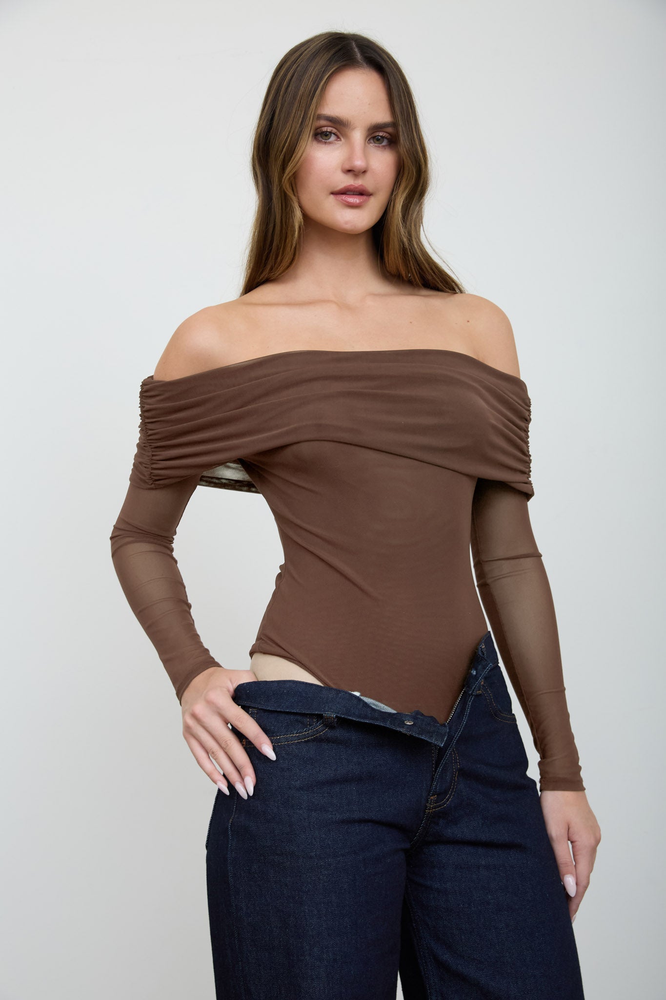 OFF-SHOULDER SHEER LONG SLEEVE MESH BODYSUIT