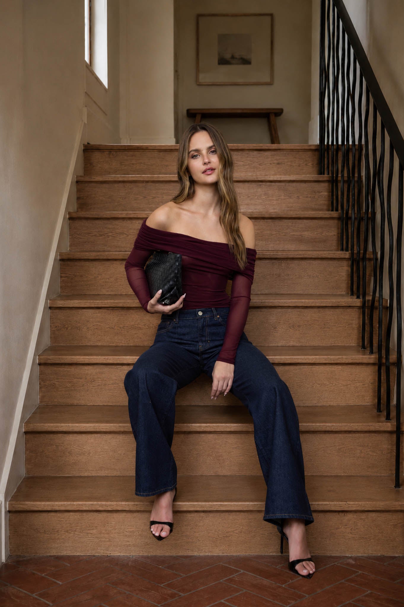 OFF-SHOULDER SHEER LONG SLEEVE MESH BODYSUIT