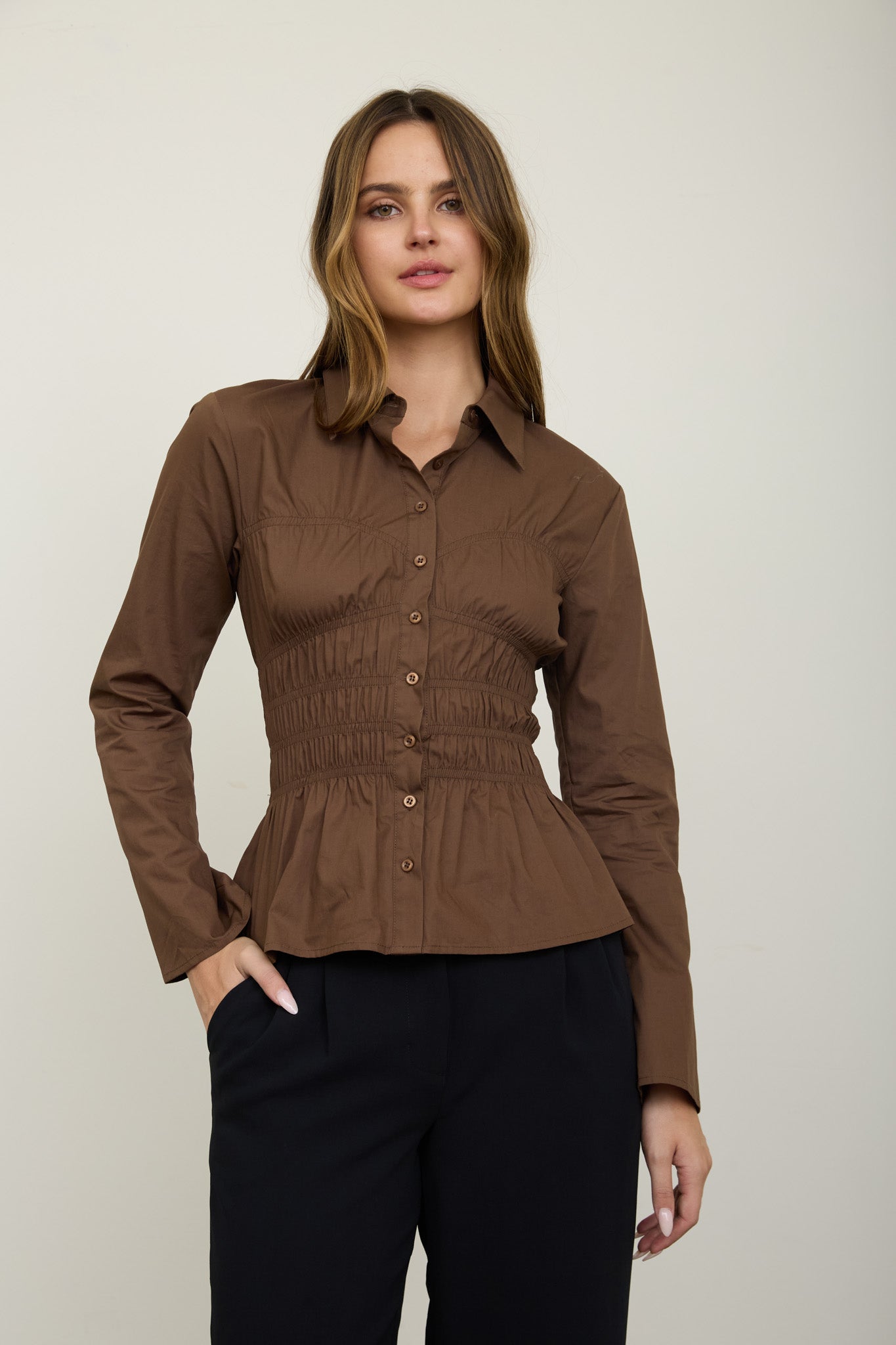 COLLARED BUTTON DOWN SHIRRED LONG SLEEVE TOP