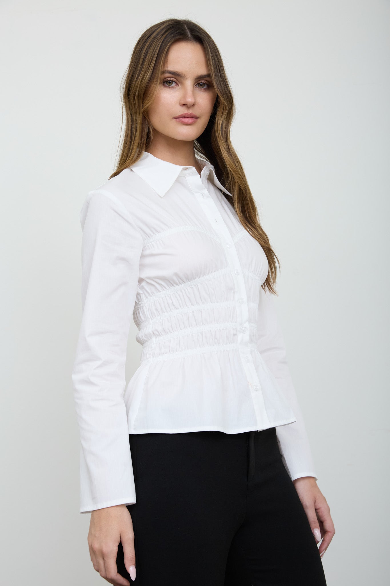 COLLARED BUTTON DOWN SHIRRED LONG SLEEVE TOP