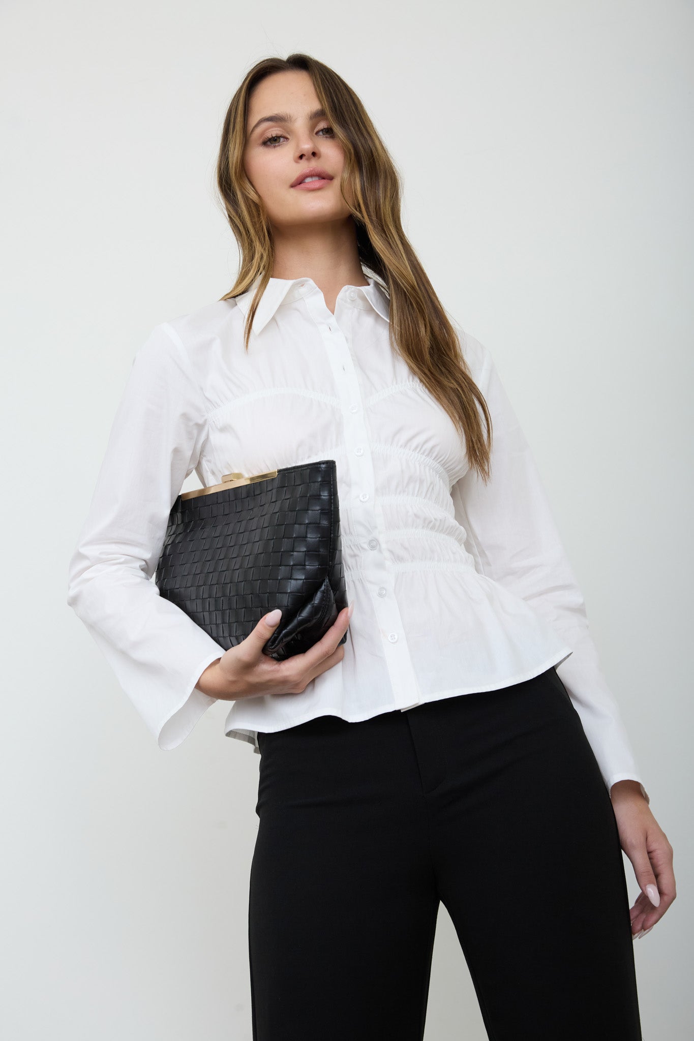 COLLARED BUTTON DOWN SHIRRED LONG SLEEVE TOP