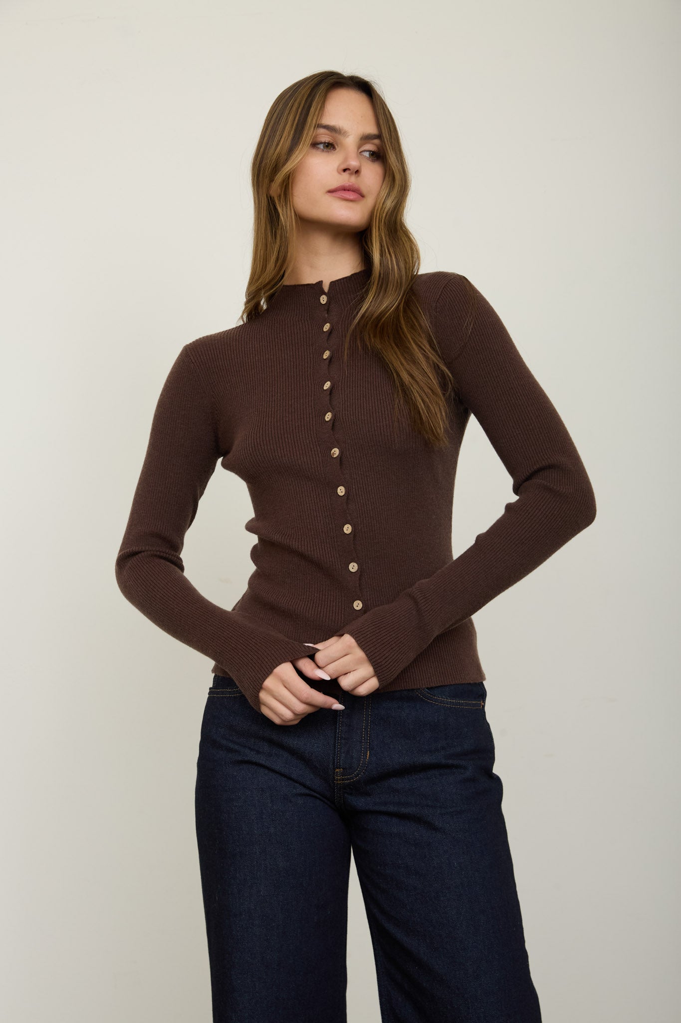 MOCK NECK SCALLOPED BUTTON KNIT CARDIGAN
